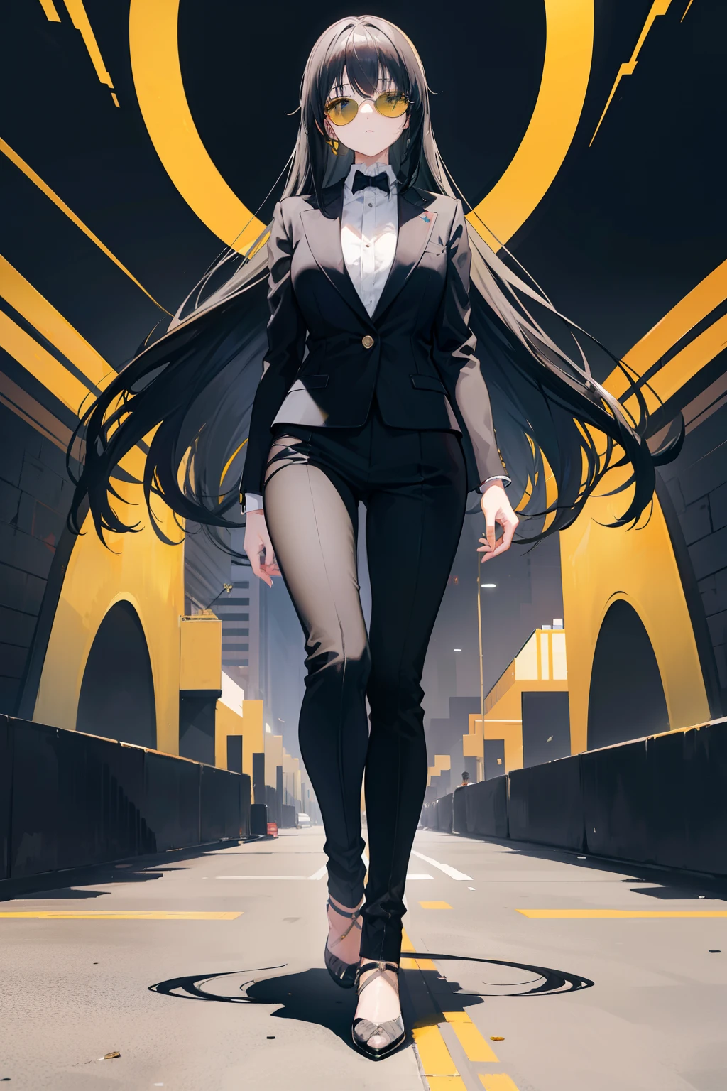 anime girl, long black hair, beautiful yellow eyes, neutral expression, wearing yellow rounded sunglasses, black formal wear, suit, tall, mature, black strap high heels, walking down the street, beautiful background, good anatomy, good hands, 8k, high resolution