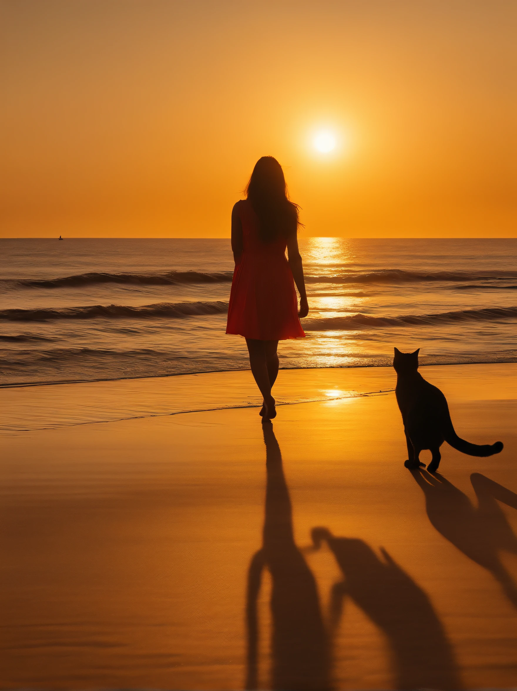 the setting sun、Walk along the coast、beach、Cat and girl、silhuette、Photorealsitic、8kAnd then、top-quality、detail portrayal、the golden ratio、