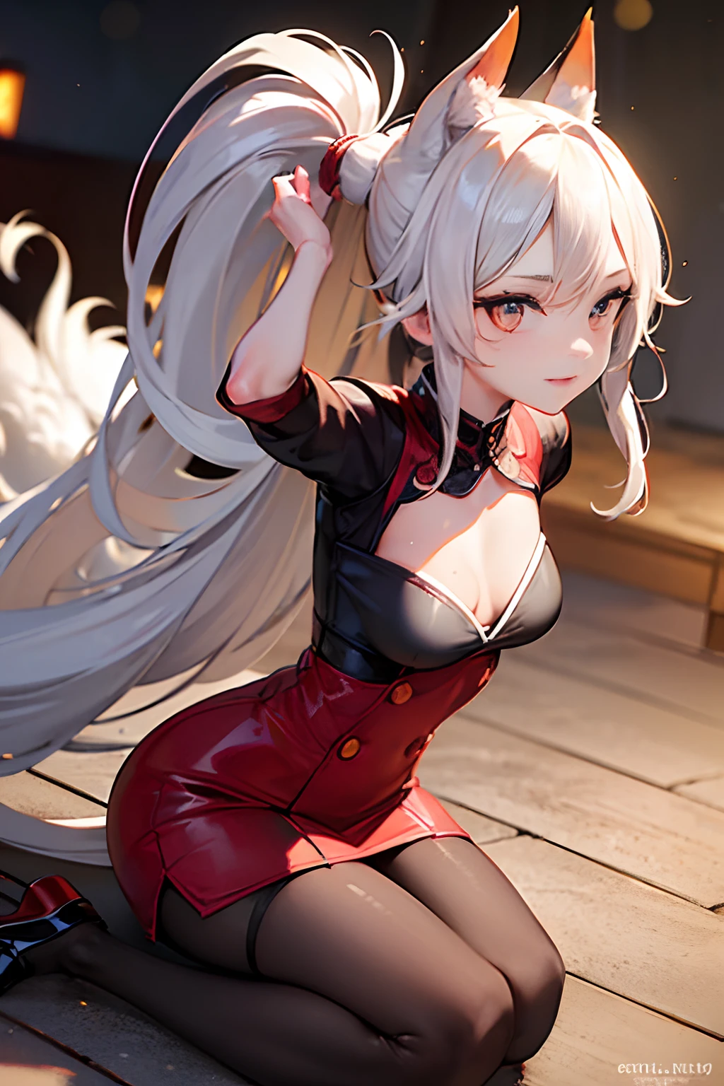 (extremely detailed CG octane render 8k wallpaper), photography by Annie Leibovitz, half rotten cute kitsune undead ponytail, Tobi, black and red dress, pin-up style portrait, dynamic action angle, ((((model shot action photo))), photorealistic, photorealism, film, studio lighting, detailed skin, ultra realistic, bokeh, sharp features, cute detailed, cinematic, intricate detail, closeup of perfect eyes, sitting, curvy