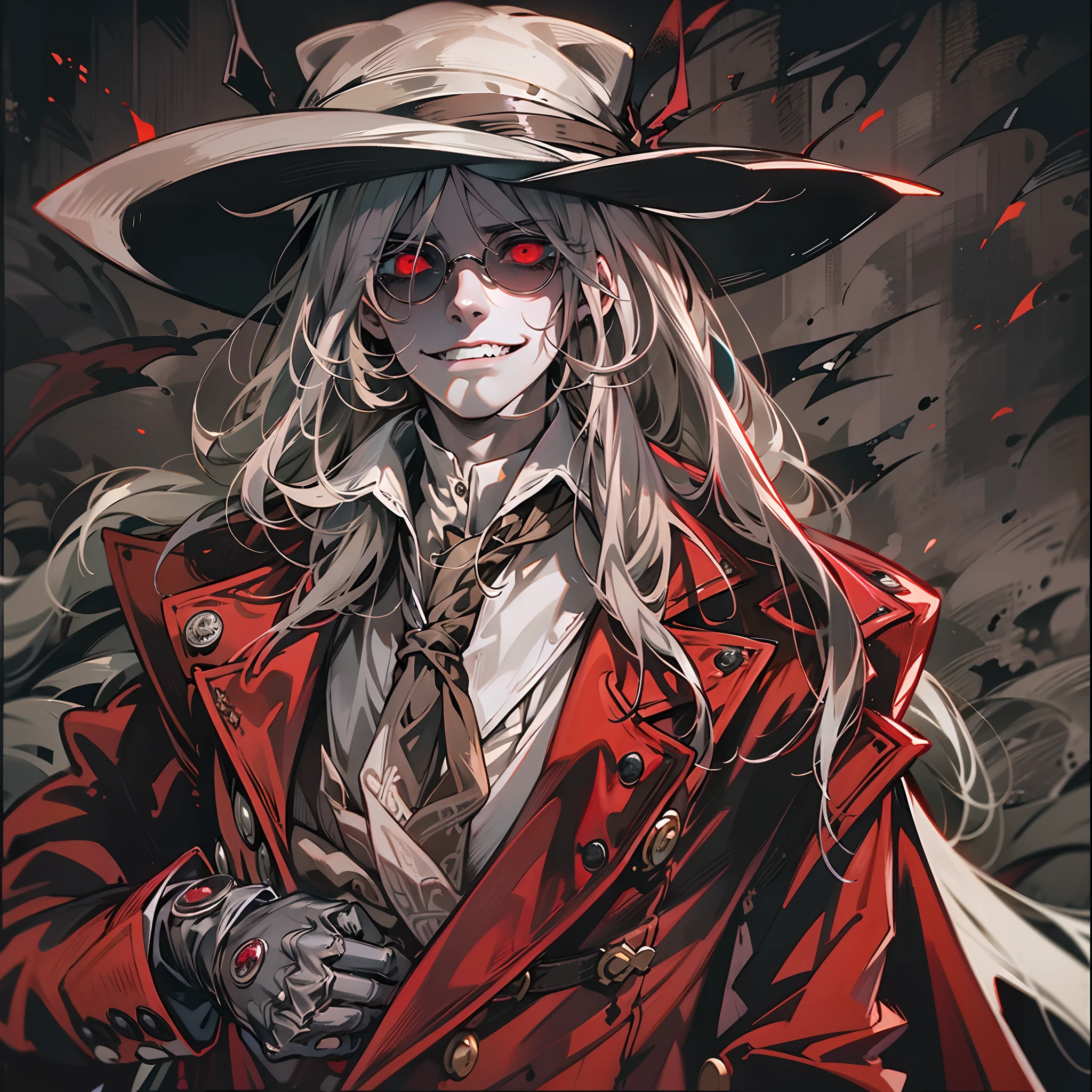 Alucard, The Charismatic Vampire from the Anime Series "Hellsing", He is an iconic figure with an impressive and ominous presence,His face has a pale complexion, Almost cadaverous, que contrasta fuertemente con su cabello oscuro y desordenado,Her crimson eyes, penetrantes y llenos de maldad, resaltan en su rostro,He always has a sardonic countenance and a mocking smile that gives him an air of defiance,las gafas de Alucard son un distintivo importante tiene unas gafas de sol negras, Classic style, que lleva incluso en lugares oscuros,These glasses become a symbol of his defiant and enigmatic attitude,su vestimenta es igualmente impresionante,usa un traje elegante de estilo victoriano que consta de un abrigo largo y rojo oscuro con detalles en negro, destacando su figura imponente,Debajo del abrigo, lleva una camisa blanca y una corbata negra bien ajustada. Complementa su atuendo con guantes negros y botas altas de estilo militar,Alucard is always accompanied by his weapons, He has a pair of gloves with sharp metal tips that he uses for melee fighting, in addition to carrying two powerful semi-automatic pistols called "Casull" y "chacal". These weapons are designed to take out your enemies with efficiency and style,su entorno suele ser oscuro y siniestro, representing their vampiric nature. Alucard se desenvuelve en lugares oscuros, Gloomy and full of mystery, como castillos abandonados o la noche en una ciudad,The atmosphere that surrounds it adds to its intimidating and sinister aura, Alucard es un vampiro que emana poder y misterio, con un estilo distintivo y armas letales, y se mueve en un entorno oscuro que refleja su naturaleza sobrenatural,