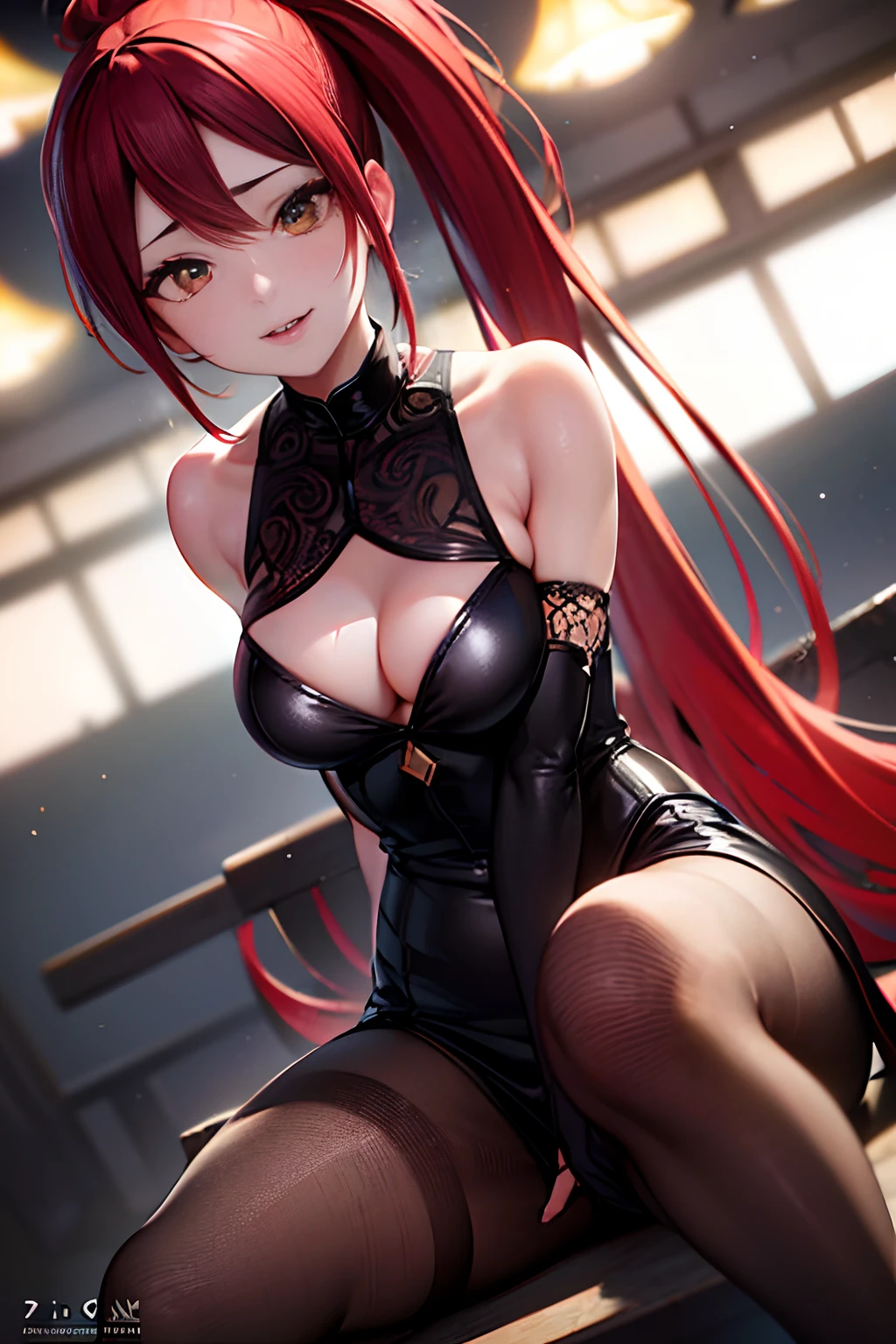 (extremely detailed CG octane render 8k wallpaper), photography by Annie Leibovitz, half rotten cute kitsune undead ponytail, Tobi, black and red dress, pin-up style portrait, dynamic action angle, ((((model shot action photo))), photorealistic, photorealism, film, studio lighting, detailed skin, ultra realistic, bokeh, sharp features, cute detailed, cinematic, intricate detail, closeup of perfect eyes, sitting, curvy