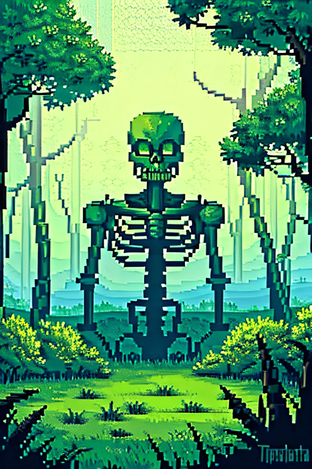 （tmasterpiece，top Quority，best qualtiy），pix，pixelart, dark green forest, landscape, skeleton