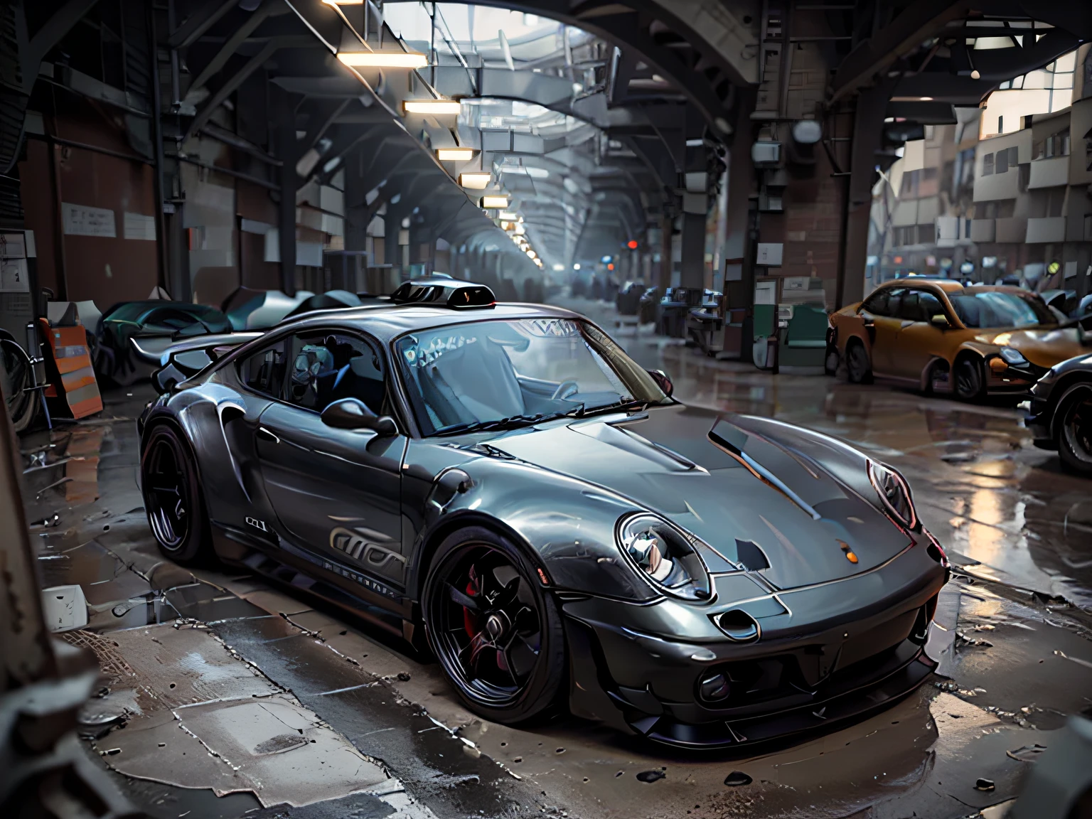 Porsche 911 Carerra S 997, black car, two hidden machine guns in front bumper, racing in Paris subway rail tracks, gritty lighting, action photo, solo, cowboy shot, zeekars