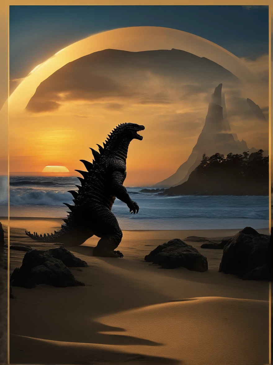 the setting sun、Walk along the coast、Beach、(Godzilla:1.4)、silhuette、Ultra Photorealistic、8kAnd then、top-quality、detail portrayal、the golden ratio、