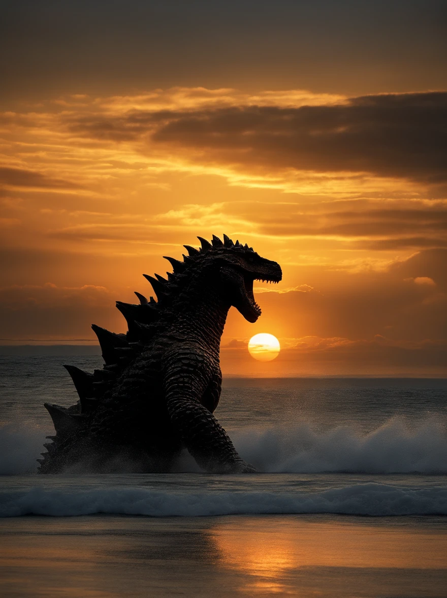 the setting sun、Walk along the coast、Beach、(Godzilla:1.4)、silhuette、Ultra Photorealistic、8kAnd then、top-quality、detail portrayal、the golden ratio、