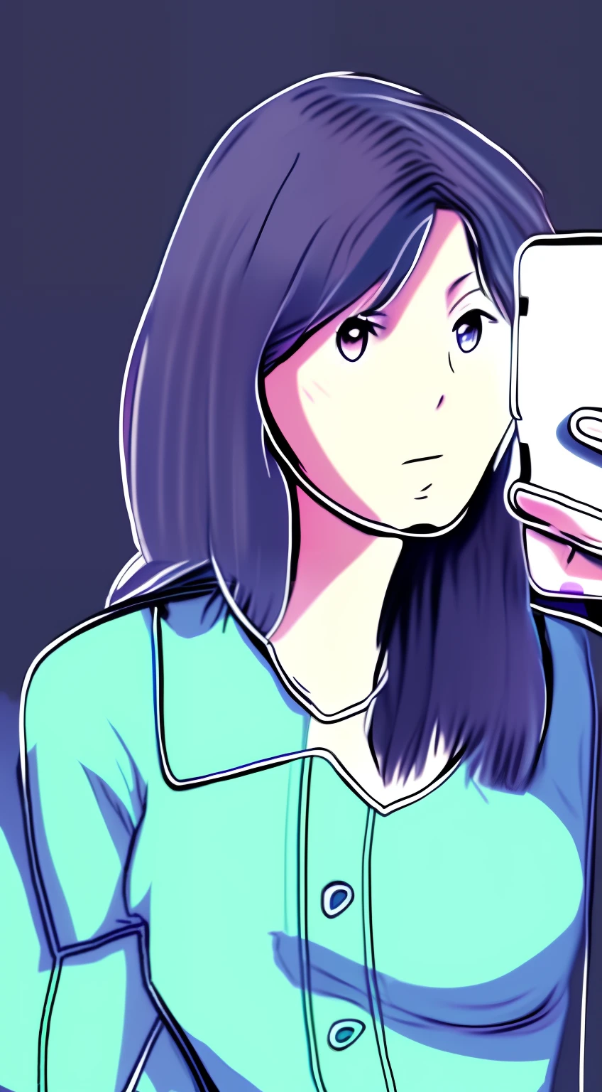 Anime Style drawing of a woman holding a cell phone in her hand selfie of a young woman