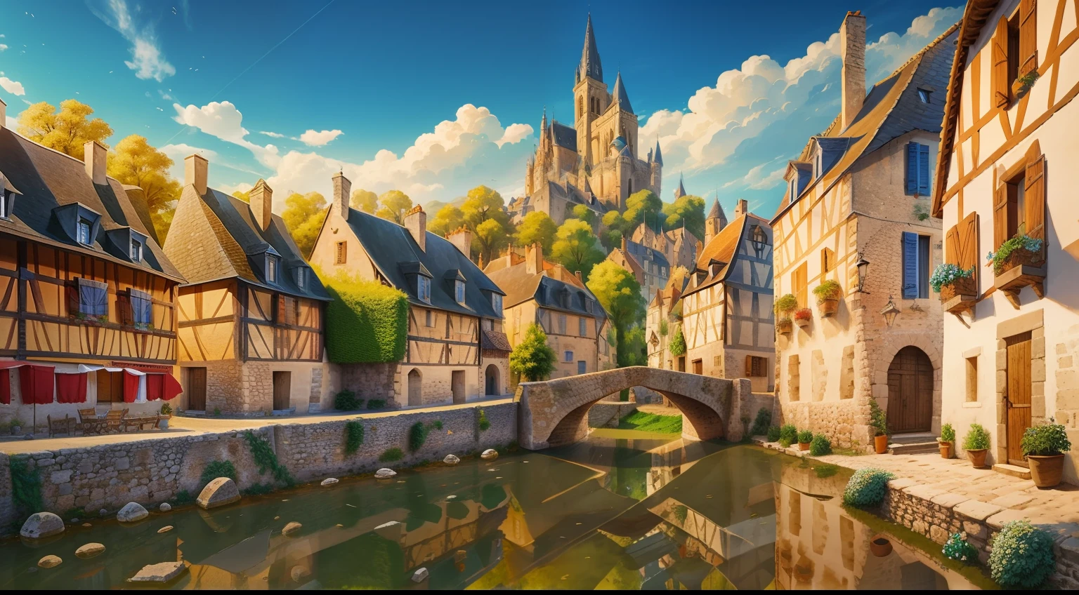 Give me a french medieval town background the are many stone tall houses , morning time , colony