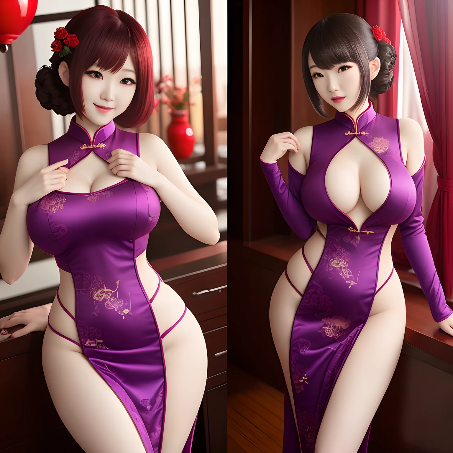 Beautuful Women,Red-purple cheongsam,woman,choppy,anime big breast,Body proportions,full bodyesbian,nabel,