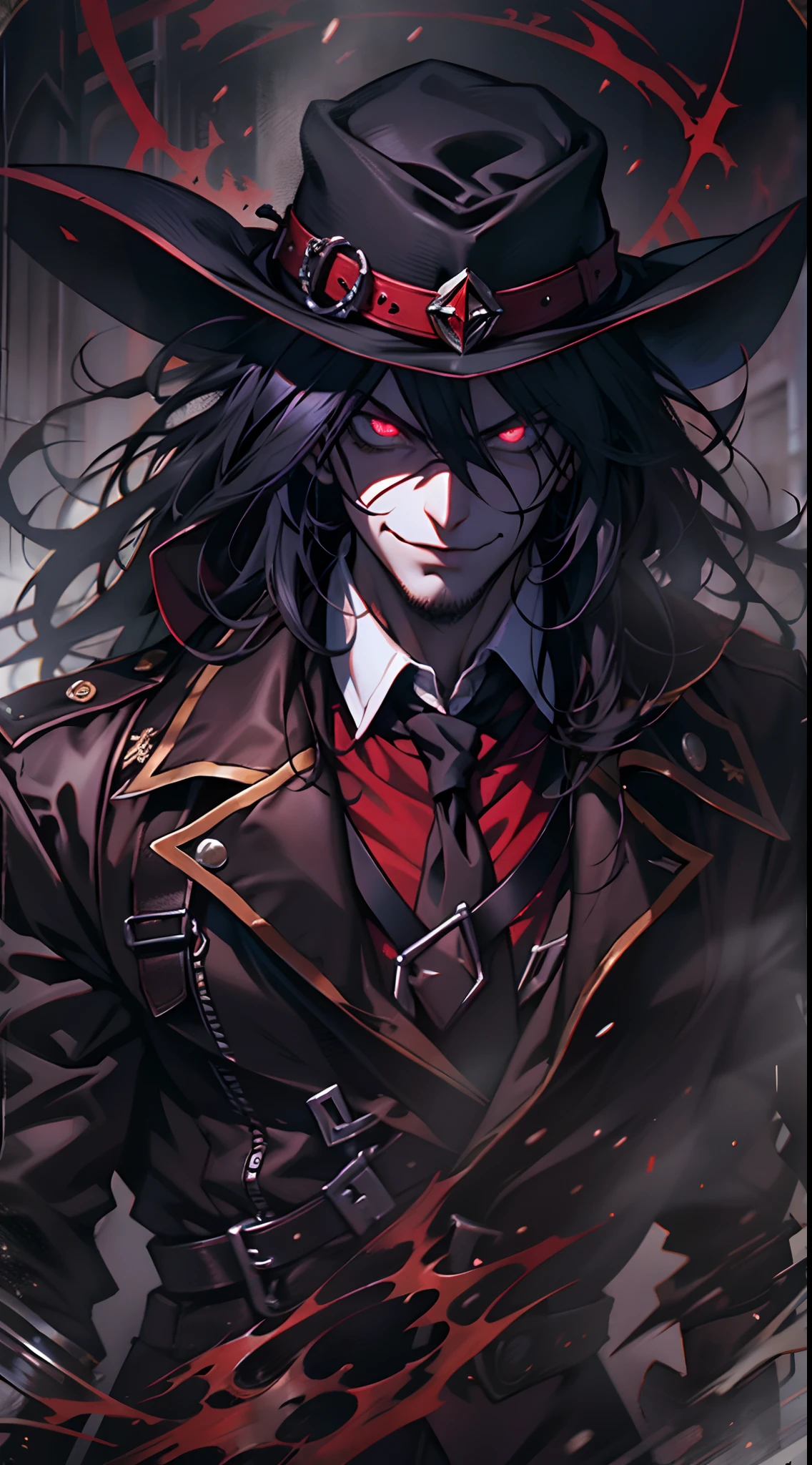 Alucard, The Charismatic Vampire from the Anime Series "Hellsing", He is an iconic figure with an impressive and ominous presence,His face has a pale complexion, Almost cadaverous, que contrasta fuertemente con su cabello oscuro y desordenado,Her crimson eyes, penetrantes y llenos de maldad, resaltan en su rostro,He always has a sardonic countenance and a mocking smile that gives him an air of defiance,las gafas de Alucard son un distintivo importante tiene unas gafas de sol negras, Classic style, que lleva incluso en lugares oscuros,These glasses become a symbol of his defiant and enigmatic attitude,su vestimenta es igualmente impresionante,usa un traje elegante de estilo victoriano que consta de un abrigo largo y rojo oscuro con detalles en negro, destacando su figura imponente,Debajo del abrigo, lleva una camisa blanca y una corbata negra bien ajustada. Complementa su atuendo con guantes negros y botas altas de estilo militar,Alucard is always accompanied by his weapons, He has a pair of gloves with sharp metal tips that he uses for melee fighting, in addition to carrying two powerful semi-automatic pistols called "Casull" y "chacal". These weapons are designed to take out your enemies with efficiency and style,su entorno suele ser oscuro y siniestro, representing their vampiric nature. Alucard se desenvuelve en lugares oscuros, Gloomy and full of mystery, como castillos abandonados o la noche en una ciudad,The atmosphere that surrounds it adds to its intimidating and sinister aura, Alucard es un vampiro que emana poder y misterio, con un estilo distintivo y armas letales, y se mueve en un entorno oscuro que refleja su naturaleza sobrenatural,