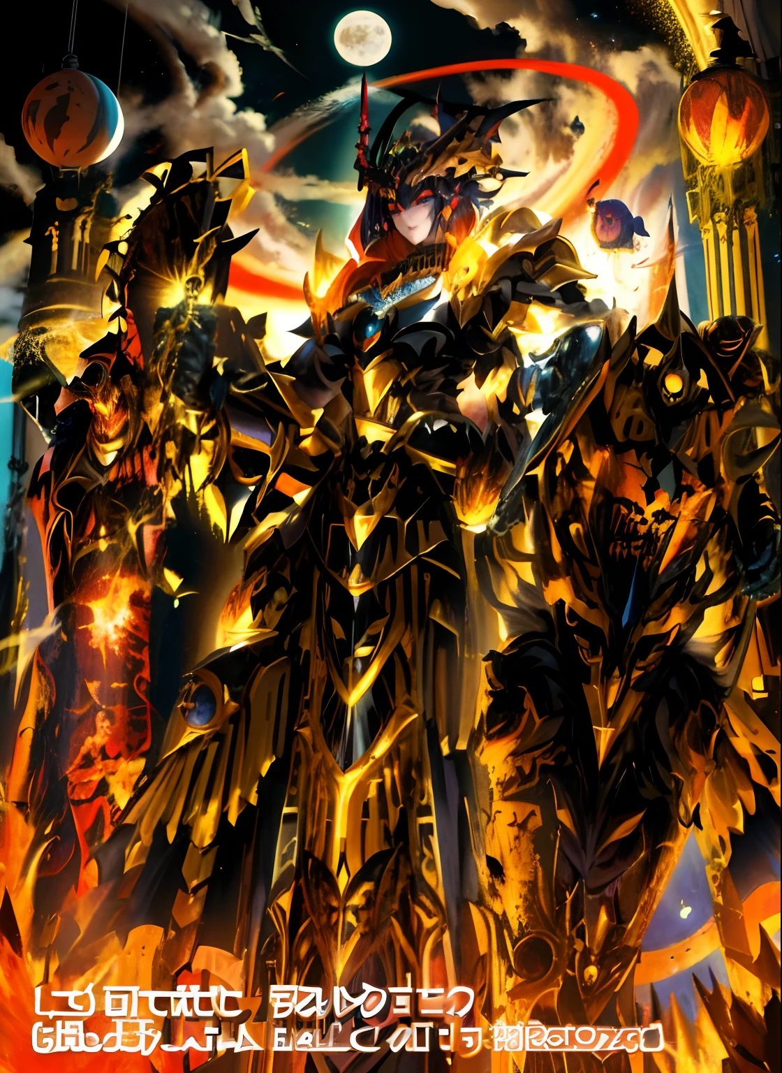 A close-up of a poster with a robot on it, Arte oficial de alto detalle, Portada detallada, Diosa Cyborg en el cosmos, Hechicera Oscura Vista completa, Diosa oscura con seis brazos, Berserk Skullknight Armadura Negra, Estilo Shadowverse, Arte de anime clave detallado, ilustraciones detalladas del anime, Bastien Yoshitaka Amano, DarkFantasy. intrincado