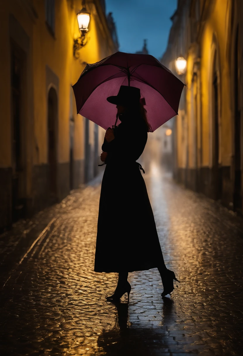 Frau im schwarzen Kleid mit Regenschirm in einer nebligen Stadt, ein Bild von Kuno Veeber, Gewinner des Pixabay-Wettbewerbs, Konzeptkunst, Im Regen stehen, schwarze Silhouette, mysterious woman, pretty girl, das im Regen steht, Einzelperson mit Regenschirm, frau ((silhouette)), ((neblig)) und regnerisch, weibliches Bild im Schatten, in einer regnerischen Umgebung, Regenwetter, Rainy roads in the background , Ansicht von hinten, Licht von vorn