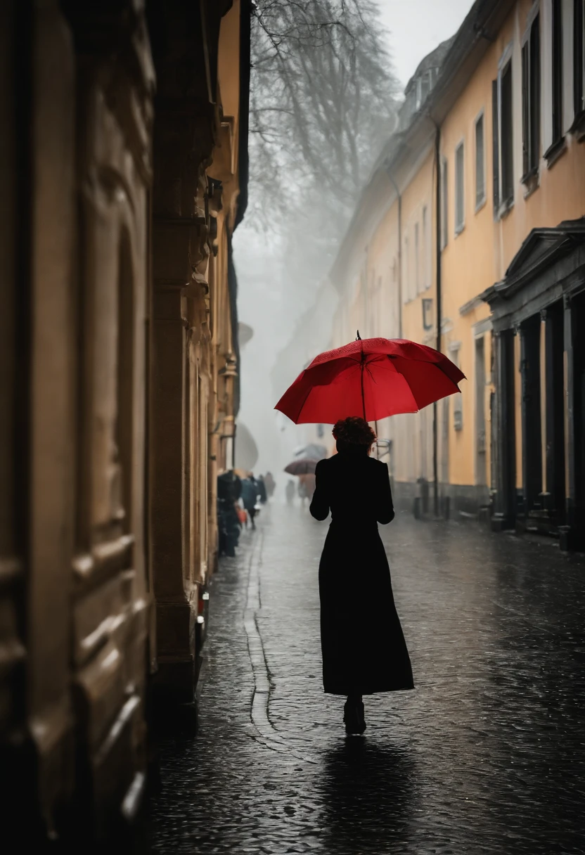 Frau im schwarzen Kleid mit Regenschirm in einer nebligen Stadt, ein Bild von Kuno Veeber, Gewinner des Pixabay-Wettbewerbs, Konzeptkunst, Im Regen stehen, schwarze Silhouette, mysterious woman, pretty girl, das im Regen steht, Einzelperson mit Regenschirm, frau ((silhouette)), ((neblig)) und regnerisch, weibliches Bild im Schatten, in einer regnerischen Umgebung, Regenwetter, Rainy roads in the background , Ansicht von hinten, Licht von vorn