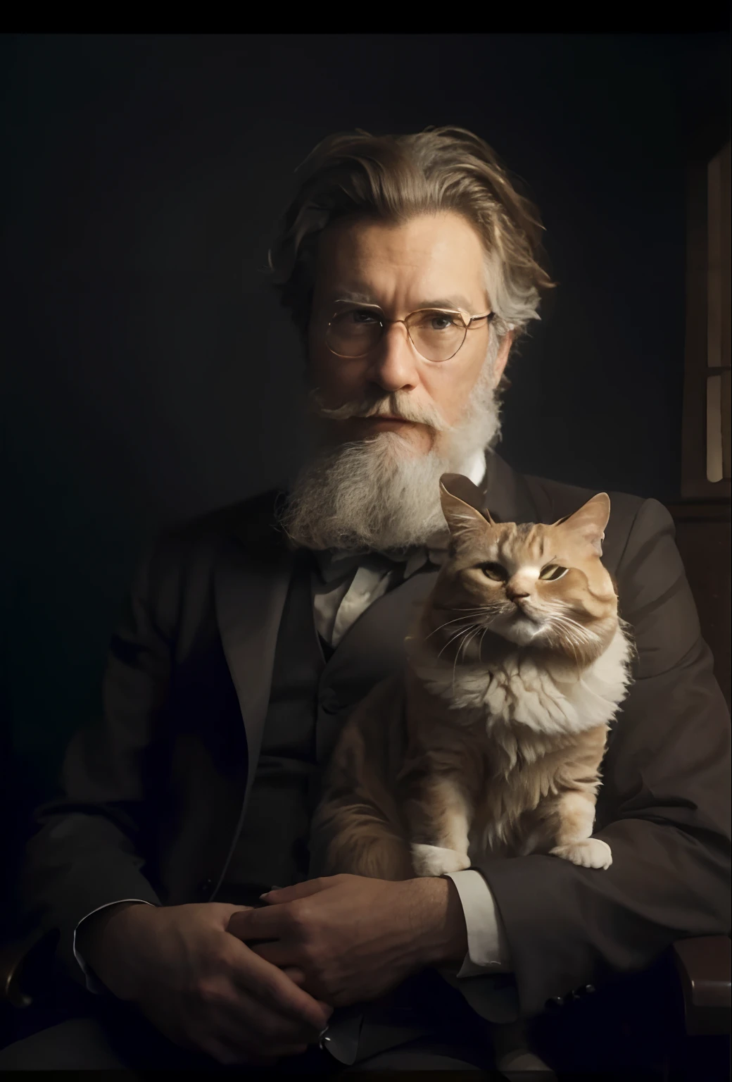 arafed man with a beard and a cat sitting in a chair, human cat hybrid, inspired by Samuel F. B. Morse, with small cat on lap, ernst haeckel and artgerm, portrait of garfield, by Emma Andijewska, inspired by Peter Rockwell, by Alvan Fisher, robert richardson, inspired by Isidore Bonheur