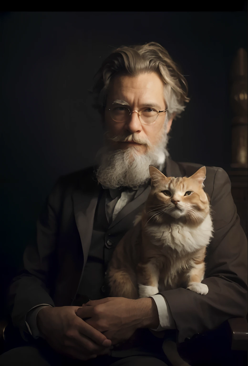 arafed man with a beard and a cat sitting in a chair, human cat hybrid, inspired by Samuel F. B. Morse, with small cat on lap, ernst haeckel and artgerm, portrait of garfield, by Emma Andijewska, inspired by Peter Rockwell, by Alvan Fisher, robert richardson, inspired by Isidore Bonheur