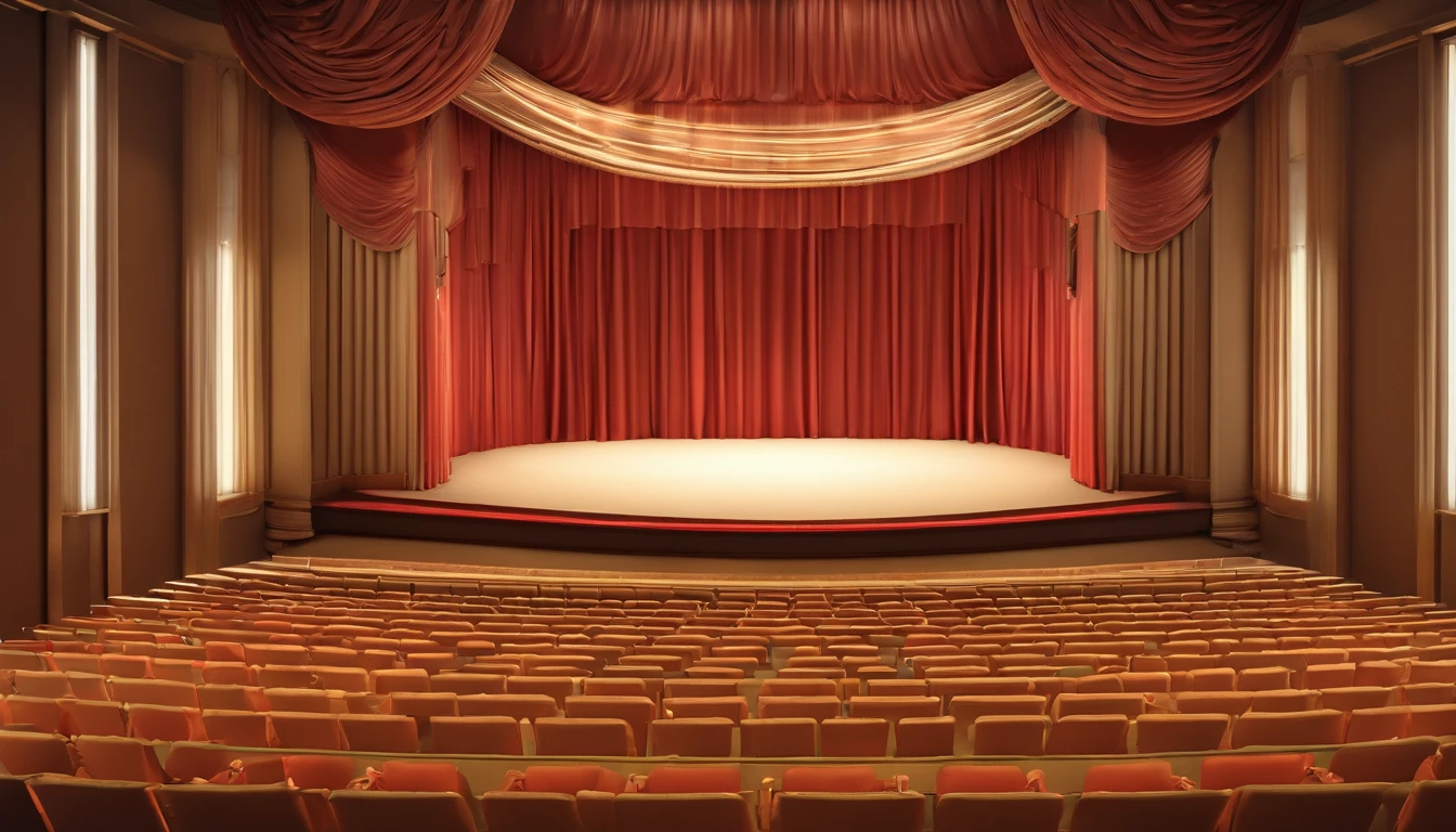 A 3D image of a lighted, curtained-off theater in the middle of a theater.