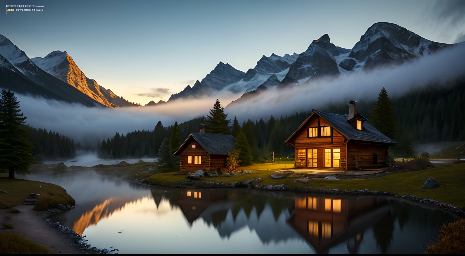 HDR, photorealism, masterpiece quality, best quality, mountains, pond, firefly, dark night, a wooden house, fog