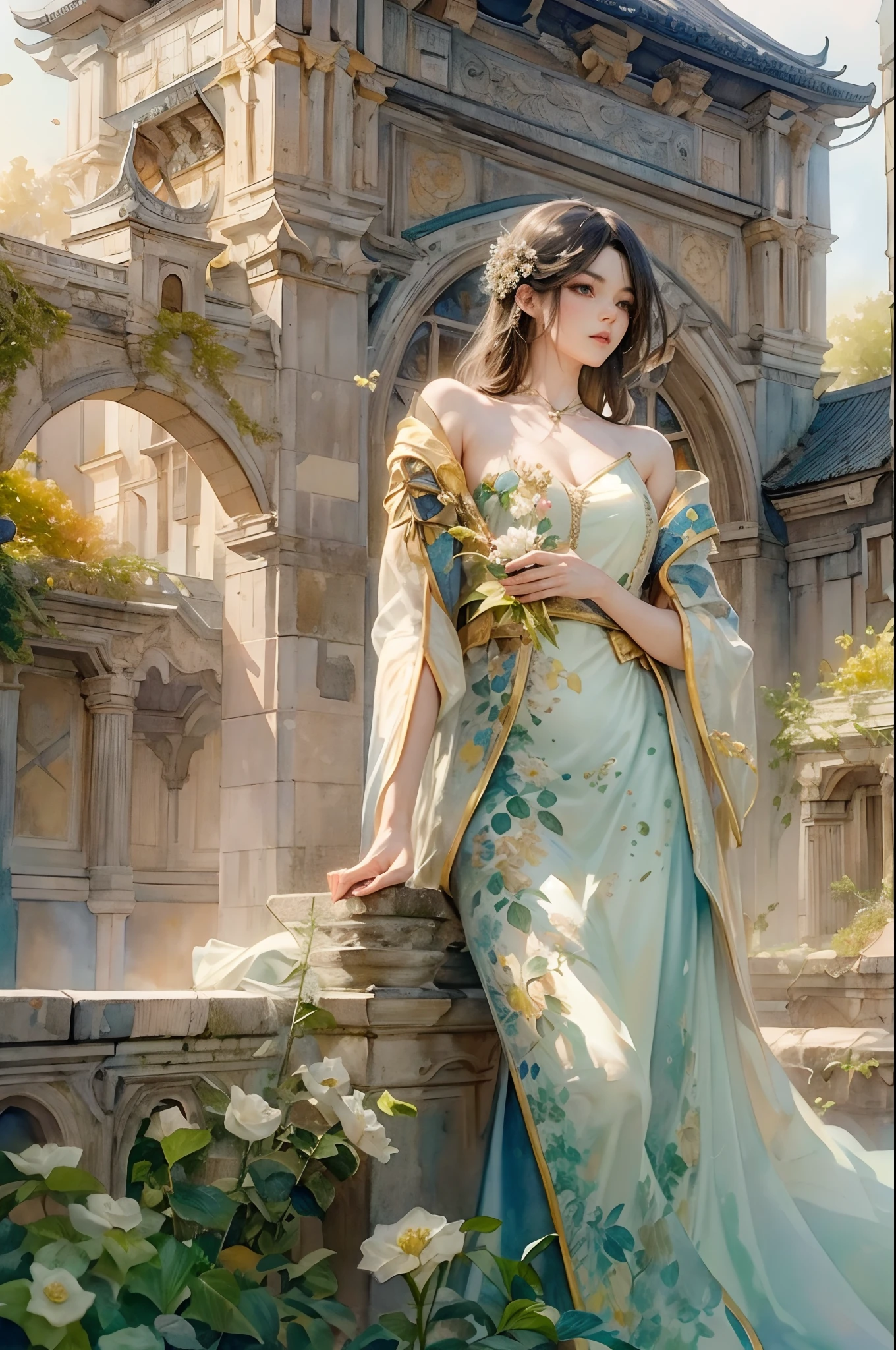 (masterpiece), (best quality), 8k resolution, 1girl, Asian girl, stunning beauty, perfect face, mature female, 20yo, sunny, cinematic, low cut dress, bare shoulder, fantasy, flowers, in the ancient castle, watercolor style,