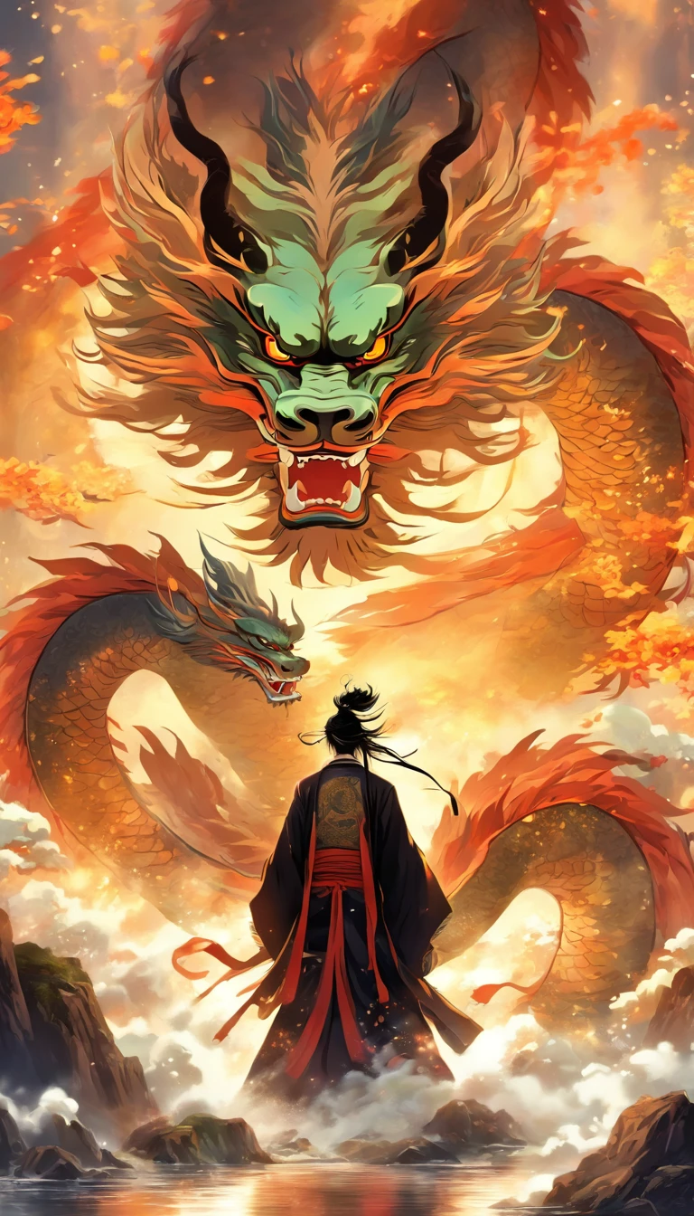 China-style,中景 the scene is,The Taoist priest stood in front of the huge chinese dragon,Stretch your hands,Long messy hair,Glow effects,Hyper-realistic,Ultra photo realsisim,Chinese black and white ink style,Silver,Decolorization,Smudge,ink,8K,super-fine,high qulity,OC renderer