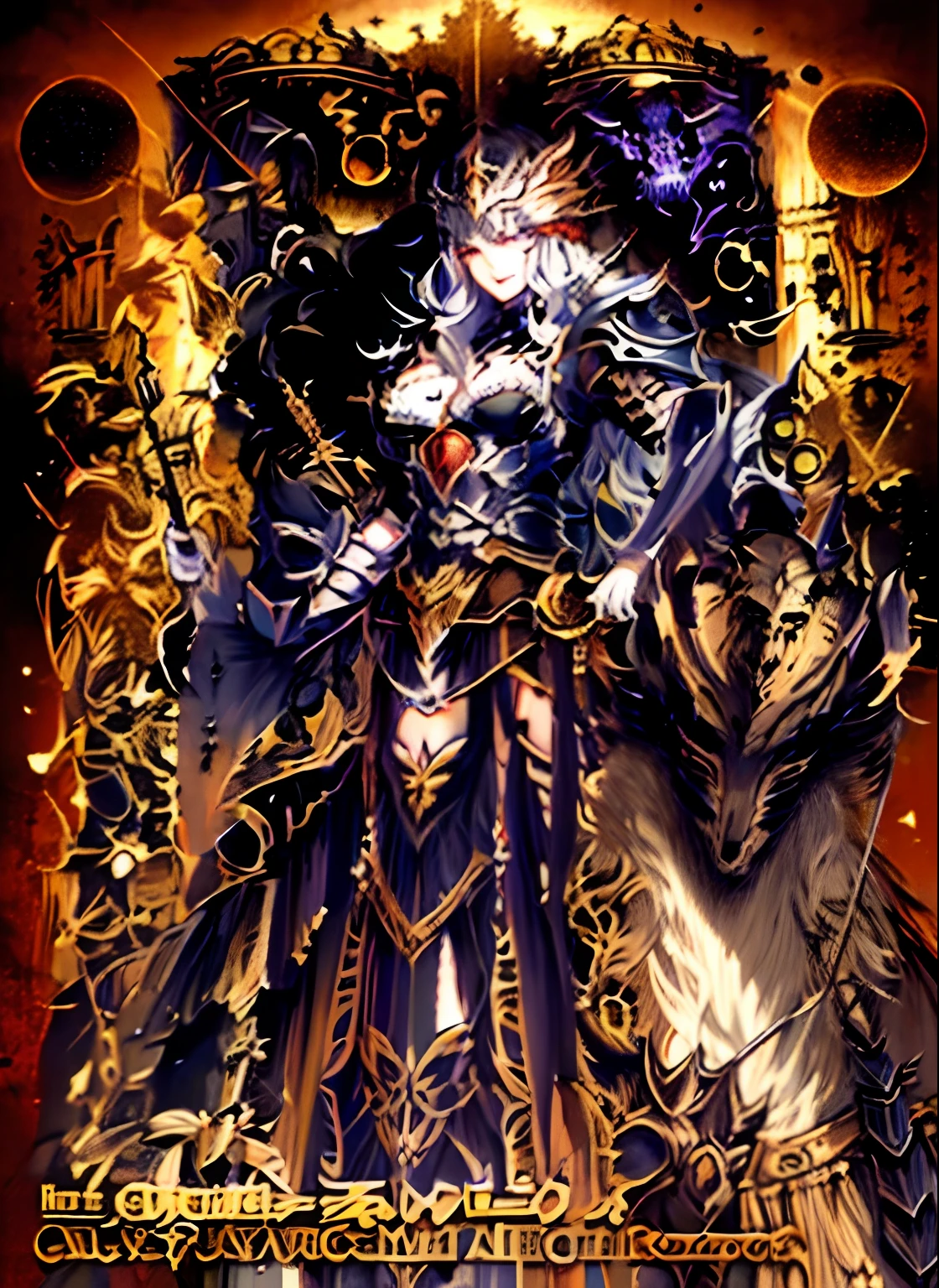 A close-up of a poster with a robot on it, Arte oficial de alto detalle, Portada detallada, Diosa Cyborg en el cosmos, Hechicera Oscura Vista completa, Diosa oscura con seis brazos, Berserk Skullknight Armadura Negra, Estilo Shadowverse, Arte de anime clave detallado, ilustraciones detalladas del anime, DarkFantasy. intrincado, Bastien Yoshitaka Amano, lolth