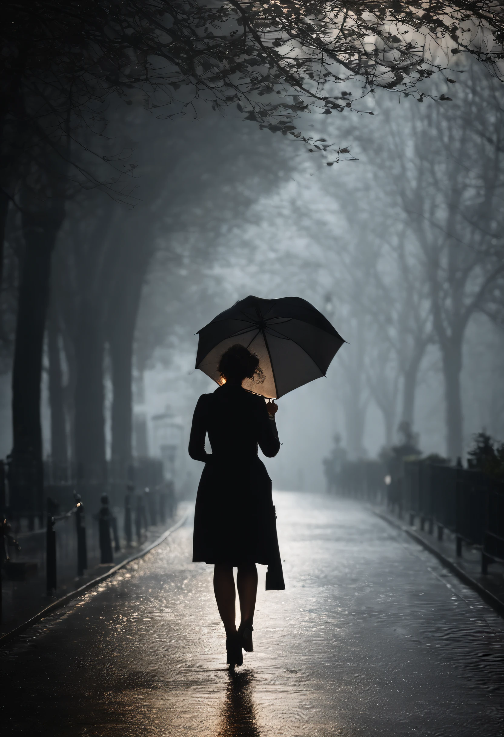Frau im schwarzen Kleid mit Regenschirm in einer nebligen Stadt, ein Bild von Kuno Veeber, Gewinner des Pixabay-Wettbewerbs, Konzeptkunst, Im Regen stehen, schwarze Silhouette, mysterious woman, pretty girl, das im Regen steht, Einzelperson mit Regenschirm, frau ((silhouette)), ((neblig)) und regnerisch, weibliches Bild im Schatten, in einer regnerischen Umgebung, Regenwetter, Rainy roads in the background , Ansicht von hinten, Licht von vorn