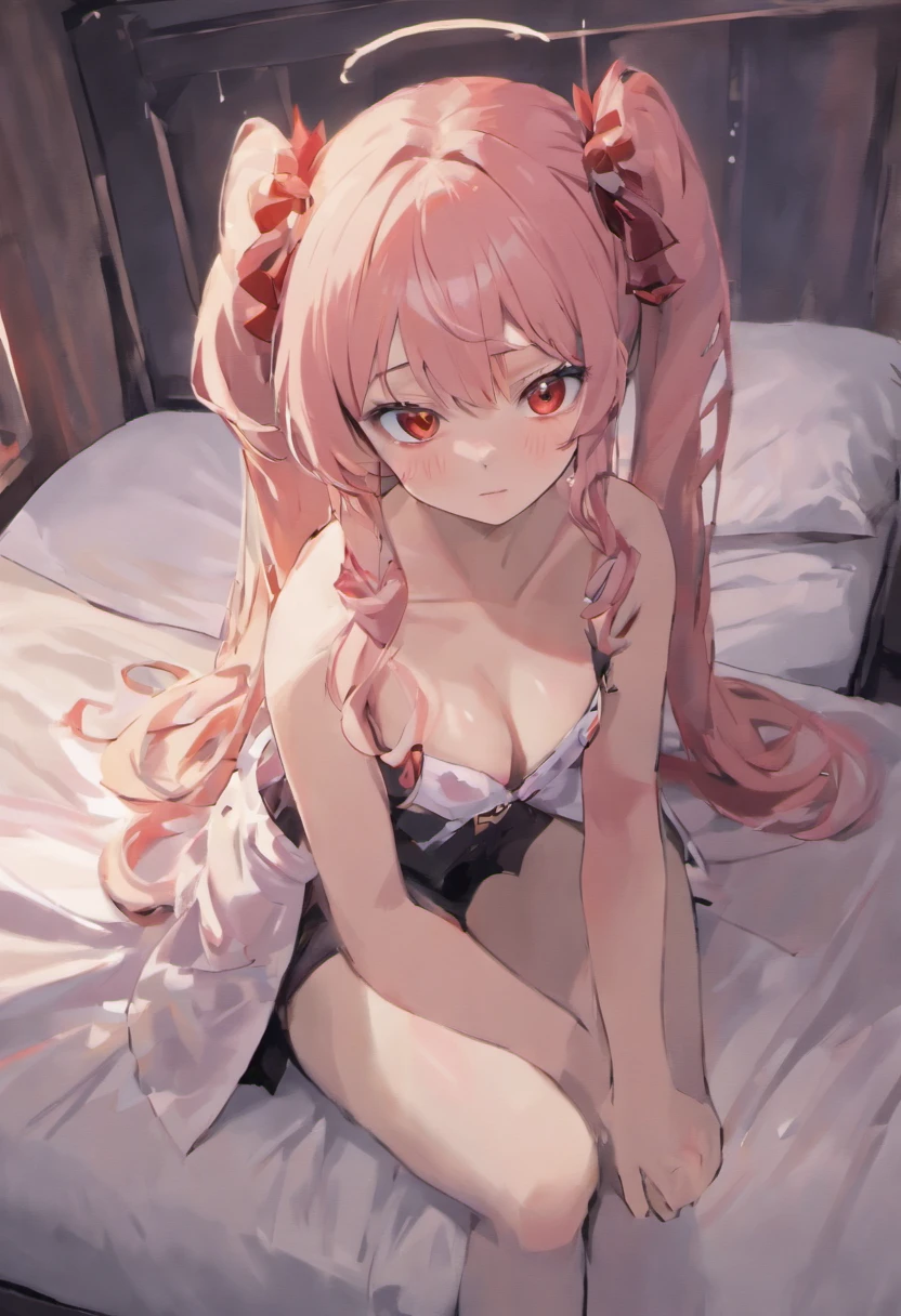 (best quality,4k,photorealistic:1.37),anime style,red-eyed girl,two cute twin tails,shy expression,lying on the bed with the clothes wet,black ultra-short skirt,white over-the-knee stockings,slightly parted legs,exposing white panties