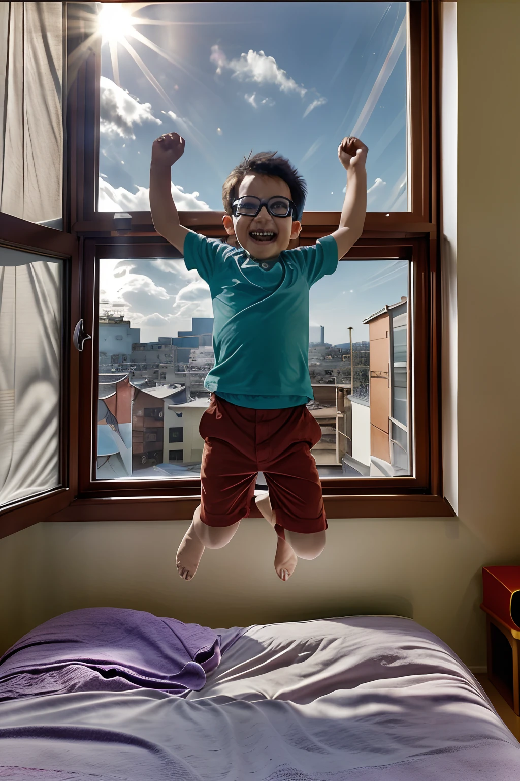 a happy 3--old  with glasses jumping on his bed during the morning. Through the window, the rising sun shines with its reddish rays. Focus on the child's joy upon waking up and jumping on the bed. Keep the background blurred. Make it ultra-realistic and ultra-detailed.