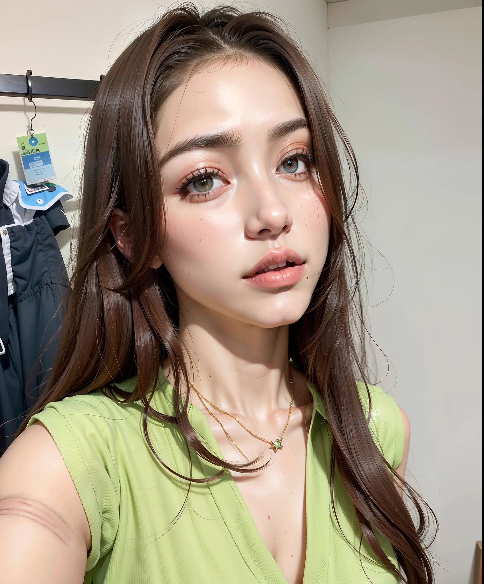 Mujer con una camisa verde posando para una foto, dilraba dilmurat, Tono verde claro hermosa cara, 2 4 year old female model, Anna Nikolanova aka Newmilky, Cara perfecta ), Retrato Sophie Mudd, Maquillaje natural, 8k selfie photograph, 19 year old girl, 1 8 yo, selfie de una mujer joven