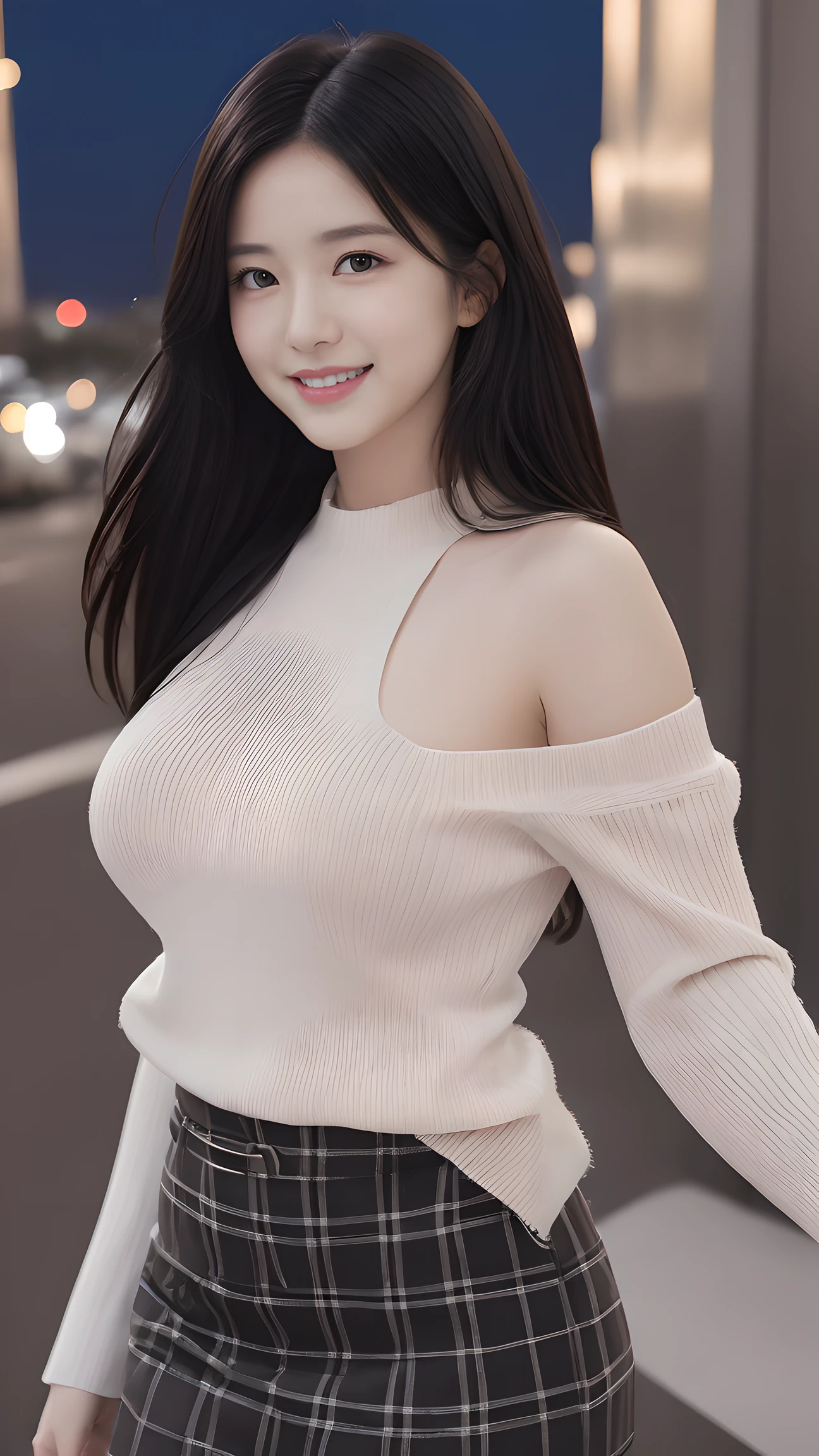 , long windblown [blue-black:.3] hair,looking at viewer, (masterpiece:1.3), (8k, photorealistic, RAW photo, best quality: 1.4), japanese, (1girl), beautiful face, (realistic face), (black hair, medium hair:1.3), beautiful hairstyle, realistic eyes, beautiful detailed eyes, (realistic skin), beautiful skin, attractive, ultra high res, ultra realistic, highly detailed, golden ratio, blue fluffy loose sweater and black plaid skirt, long sleeve one-shoulder sweater, standing, front view, open stance, model posing, upper body, sagging breasts, happy smile, night rooftop, city view, ultra detailed, hyper sharp, sharp focus, K-pop idol, J-pop idol,