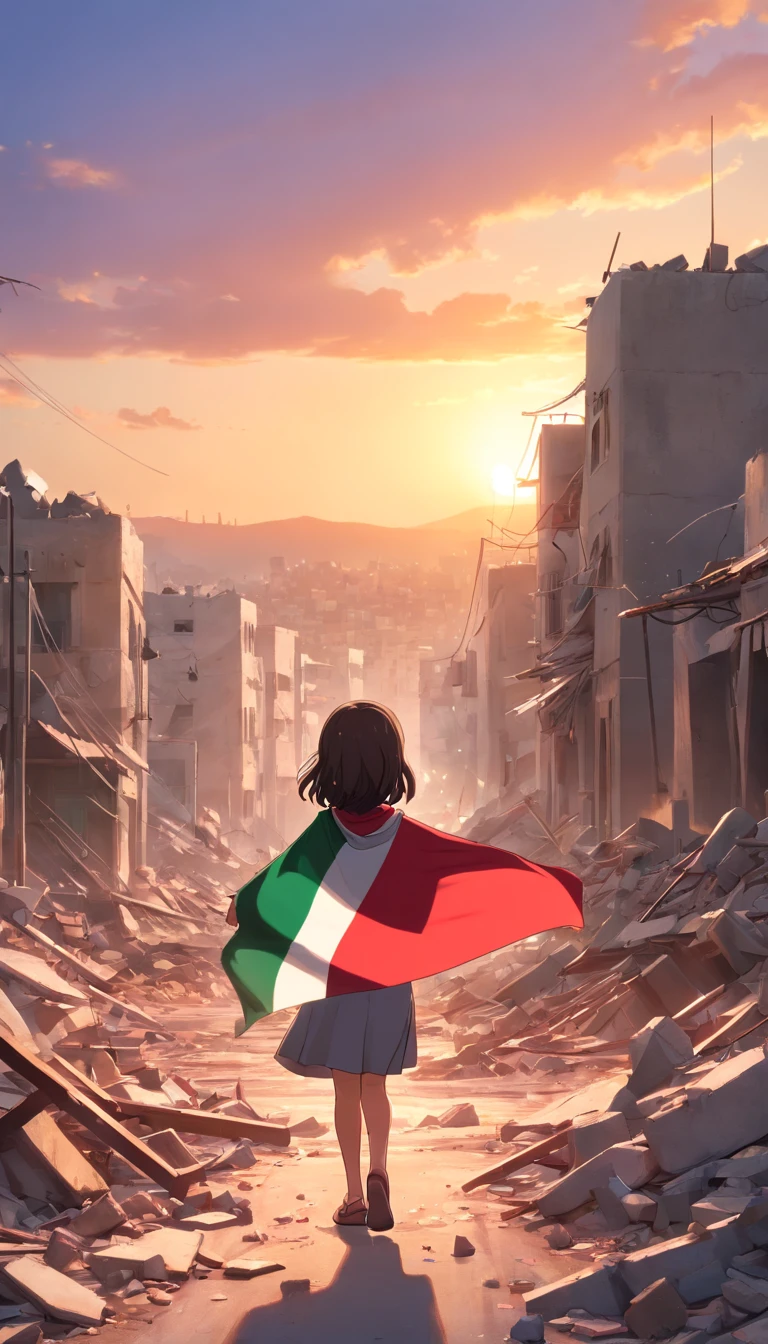 palestine flag, sunset, Palestine earthquake, one from behind waving Palestine flag looking at rubble and destruction, somber, hope, (masterpiece:1.1) (best quality) (detailed) (intricate) (8k) (HDR) (cinematic lighting) (sharp focus:1.1), Palestine flag, hijab, muslim