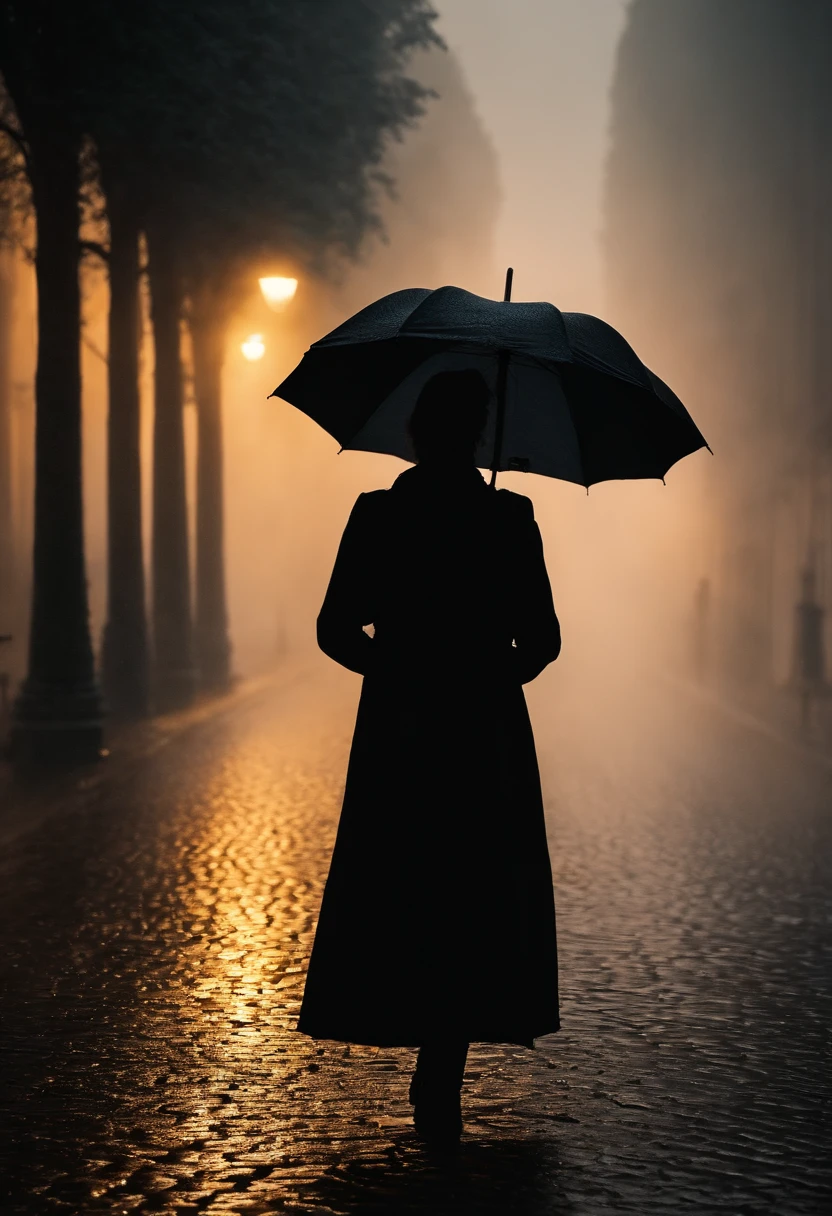 Frau im schwarzen Kleid mit Regenschirm in einer nebligen Stadt, ein Bild von Kuno Veeber, Gewinner des Pixabay-Wettbewerbs, Konzeptkunst, Im Regen stehen, schwarze Silhouette, mysterious woman, pretty girl, das im Regen steht, Einzelperson mit Regenschirm, frau ((silhouette)), ((neblig)) und regnerisch, weibliches Bild im Schatten, in einer regnerischen Umgebung, Regenwetter, Rainy roads in the background , ((Nebel mit Lichtschein)) Ansicht von hinten, Licht von vorn