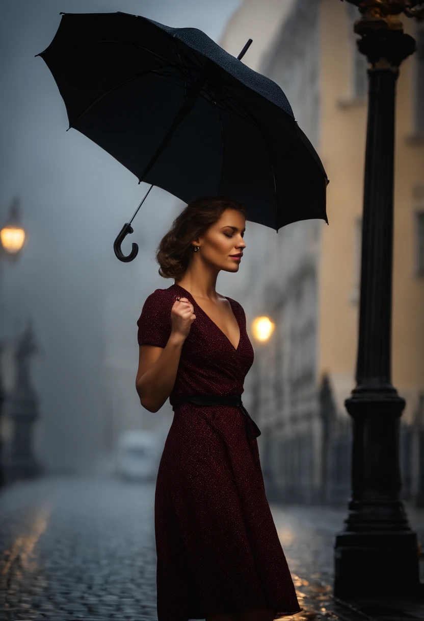Frau im schwarzen Kleid mit Regenschirm in einer nebligen Stadt, ein Bild von Kuno Veeber, Gewinner des Pixabay-Wettbewerbs, Konzeptkunst, Im Regen stehen, schwarze Silhouette, mysterious woman, pretty girl, das im Regen steht, Einzelperson mit Regenschirm, frau ((silhouette)), ((neblig)) und regnerisch, weibliches Bild im Schatten, in einer regnerischen Umgebung, Regenwetter, Rainy roads in the background , ((Nebel mit Lichtschein)) Ansicht von hinten, Licht von vorn