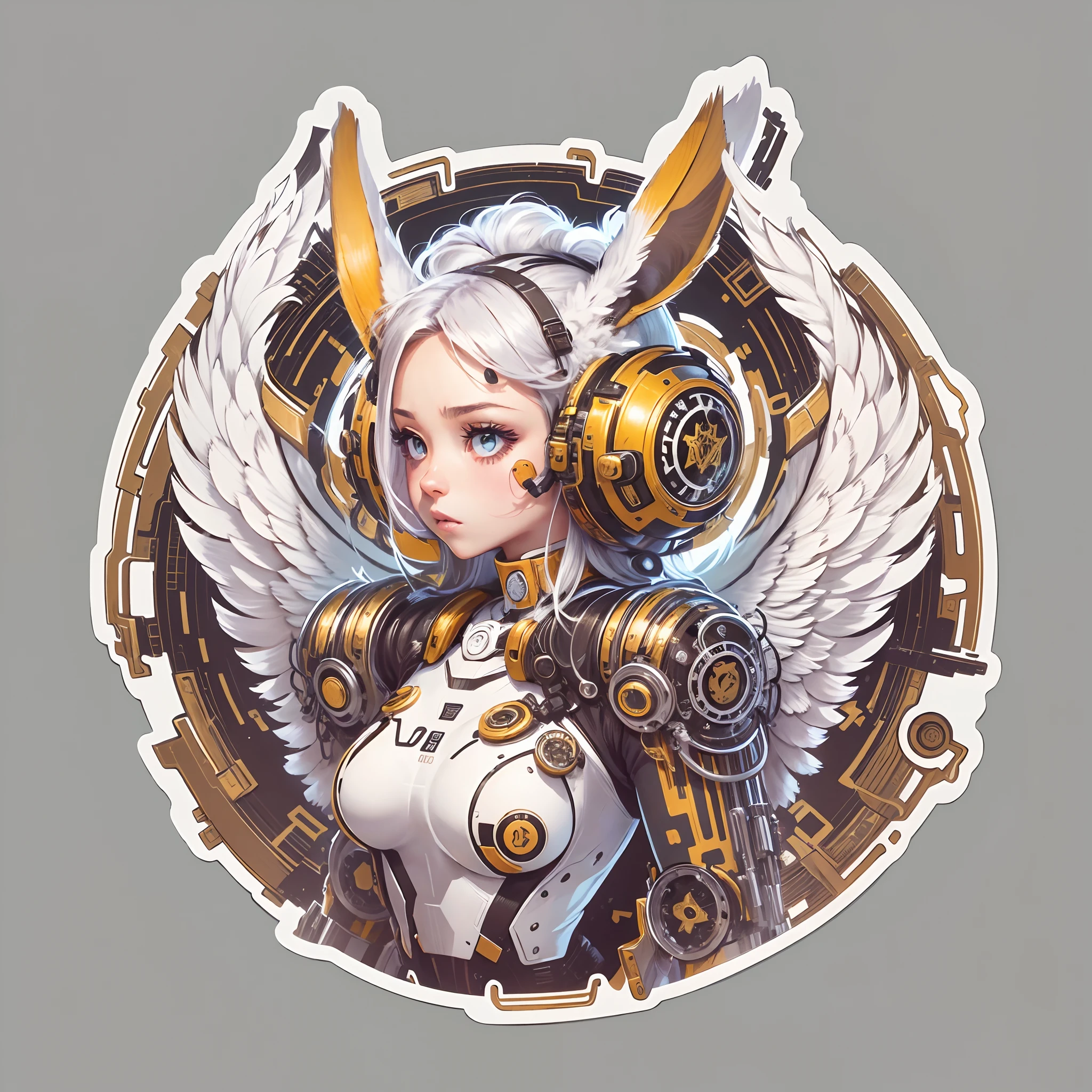 (Sticker,),(Futuristic cyborg girl), (Rabbit ears),bright colored hair,(A pair of huge feathered wings),((Metal gears inside the mechanical body)),Slim.Exude power, Grace, There is also a touch of mystery.(in circle), (White background), (Gold border),Simple, Ultra detailed, Detailed drawing, vectorised, 8K, professional sticker design, Flat design, Vector lines, Sticker, Full-HD