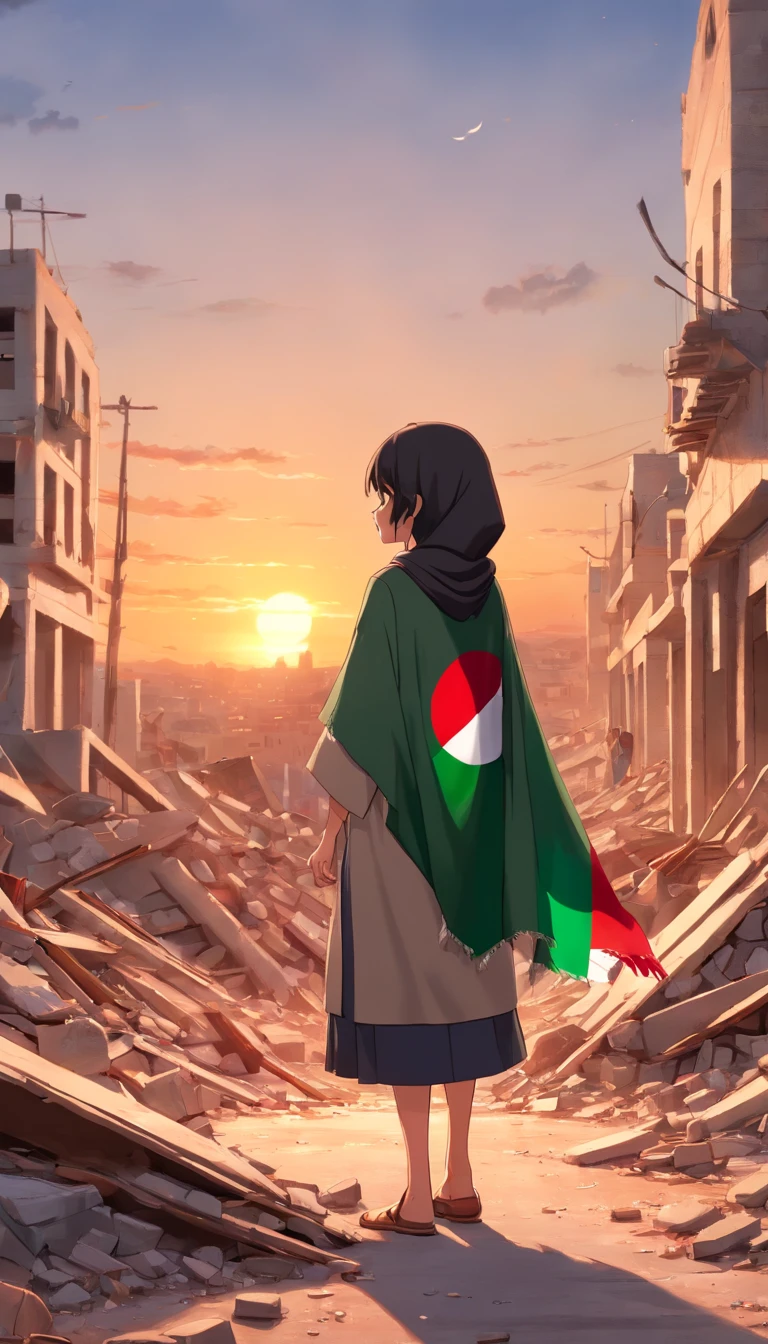 palestine flag, sunset, Palestine earthquake, one little hijab girl from behind waving Palestine flag looking at rubble and destruction, somber, hope, (masterpiece:1.1) (best quality) (detailed) (intricate) (8k) (HDR) (cinematic lighting) (sharp focus:1.1), Palestine flag, hijab, muslim