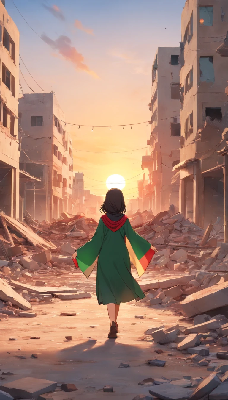 palestine flag, sunset, Palestine earthquake, one little hijab girl from behind waving Palestine flag looking at rubble and destruction, somber, hope, (masterpiece:1.1) (best quality) (detailed) (intricate) (8k) (HDR) (cinematic lighting) (sharp focus:1.1), Palestine flag, hijab, muslim