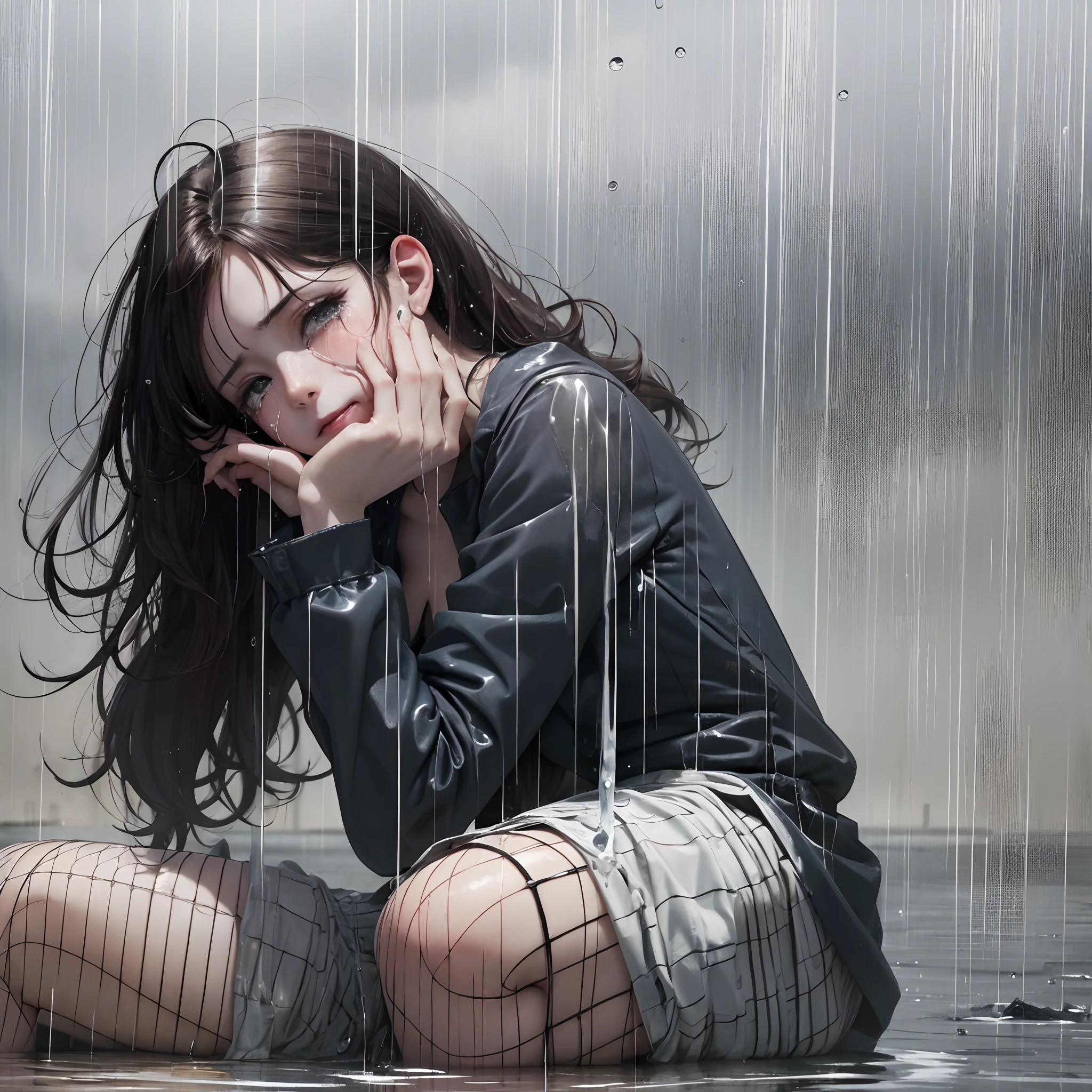 a crying girl in the rain,wetted see through top, broken umbrella, sitting on the wetted ground, pity face, dark clouded sky, vehicles tires splashes run off water --auto --s2