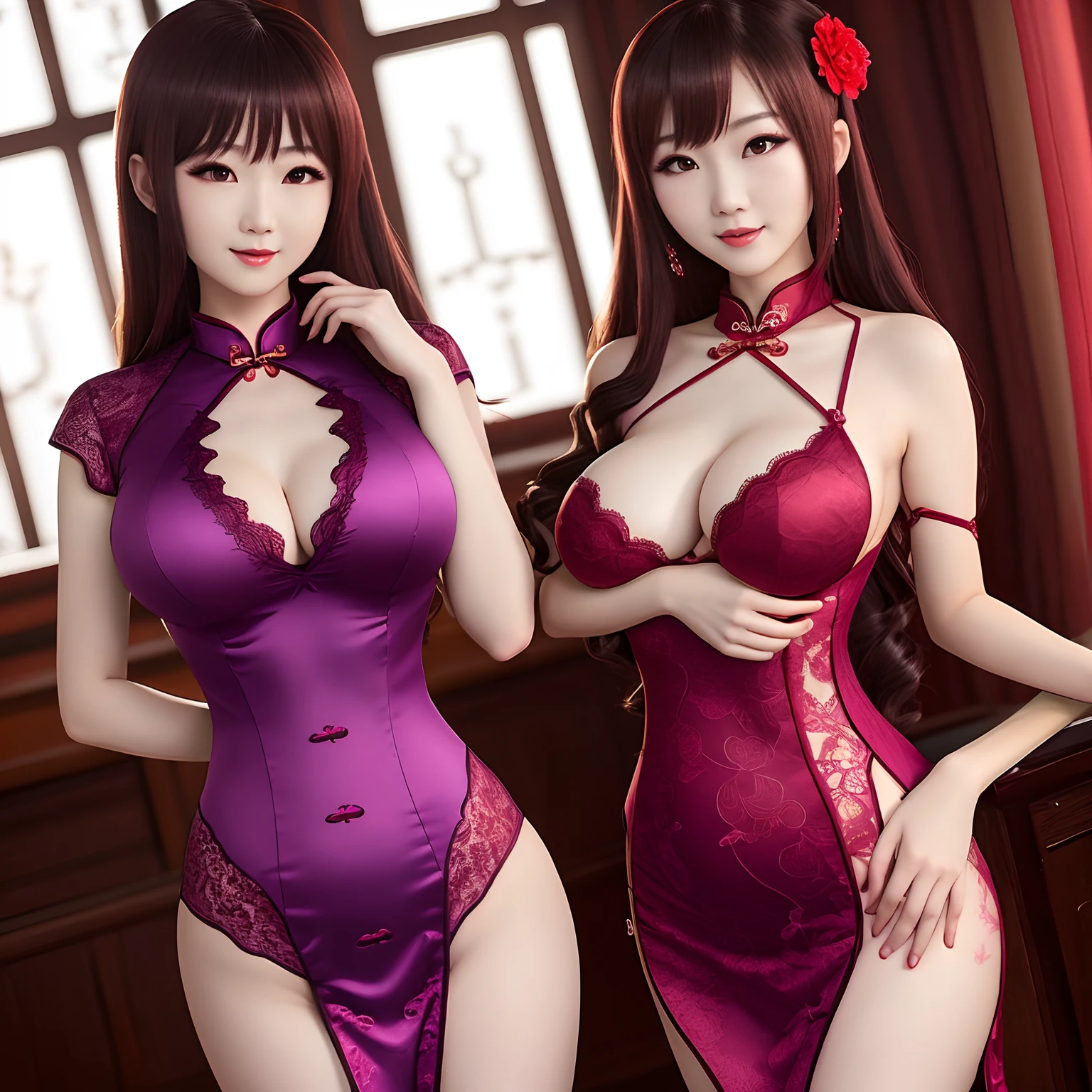 Beautuful Women，Red-purple cheongsam，woman，choppy，anime big breast，Body proportions，full bodyesbian，Lace，Obscene lines