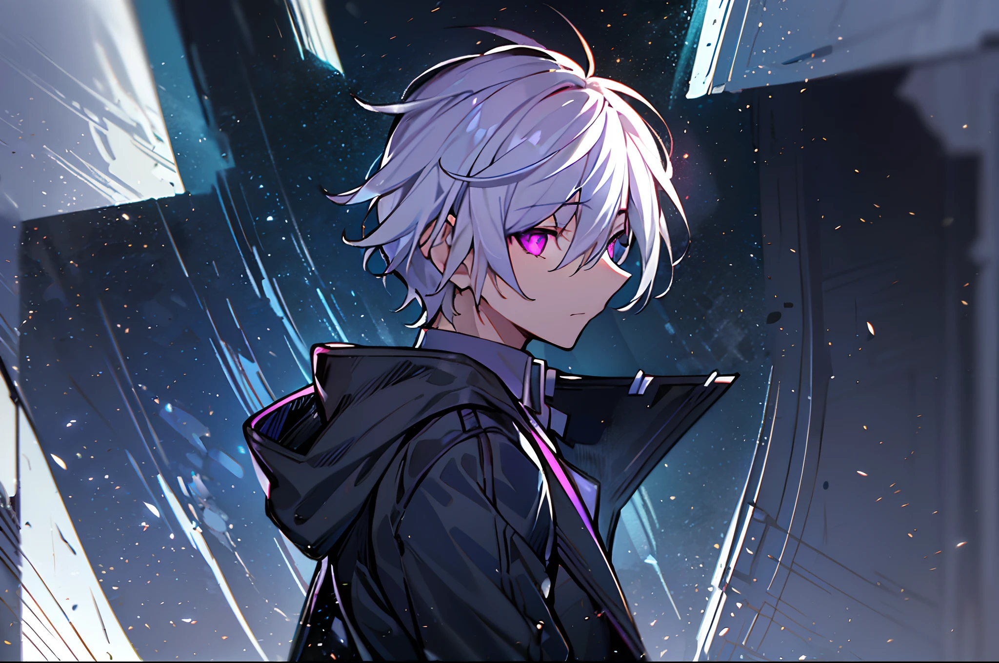 sullenness,hight resolution,close range、((One Person)),Anime boy with white hair and purple eyes,(((white  hair))) Glowing purple eyes,slim, dressed in a black outfit,Shadow Body,de pele branca,monochromes,hair messy,Sharp eyes、Diagonal angle,profile(((Simple coat in black)))