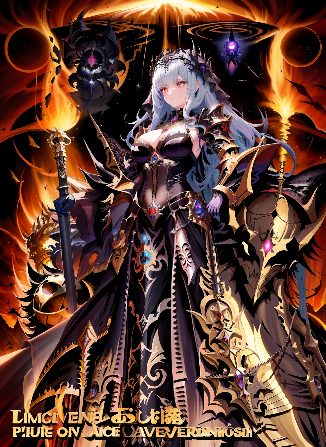 A close-up of a poster with a robot on it, Arte oficial de alto detalle, Portada detallada, Diosa Cyborg en el cosmos, Hechicera Oscura Vista completa, Diosa oscura con seis brazos, Berserk Skullknight Armadura Negra, Estilo Shadowverse, Arte de anime clave detallado, ilustraciones detalladas del anime, DarkFantasy. intrincado, Bastien Yoshitaka Amano, lolth