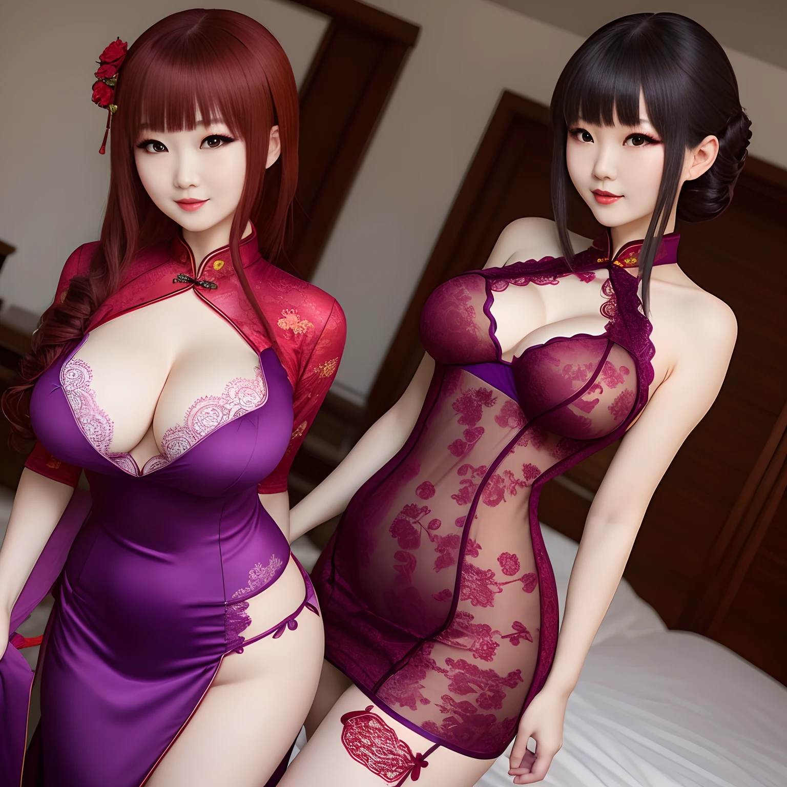 Beautuful Women，Red-purple cheongsam，woman，choppy，anime big breast，Body proportions，full bodyesbian，Lace，Obscene lines