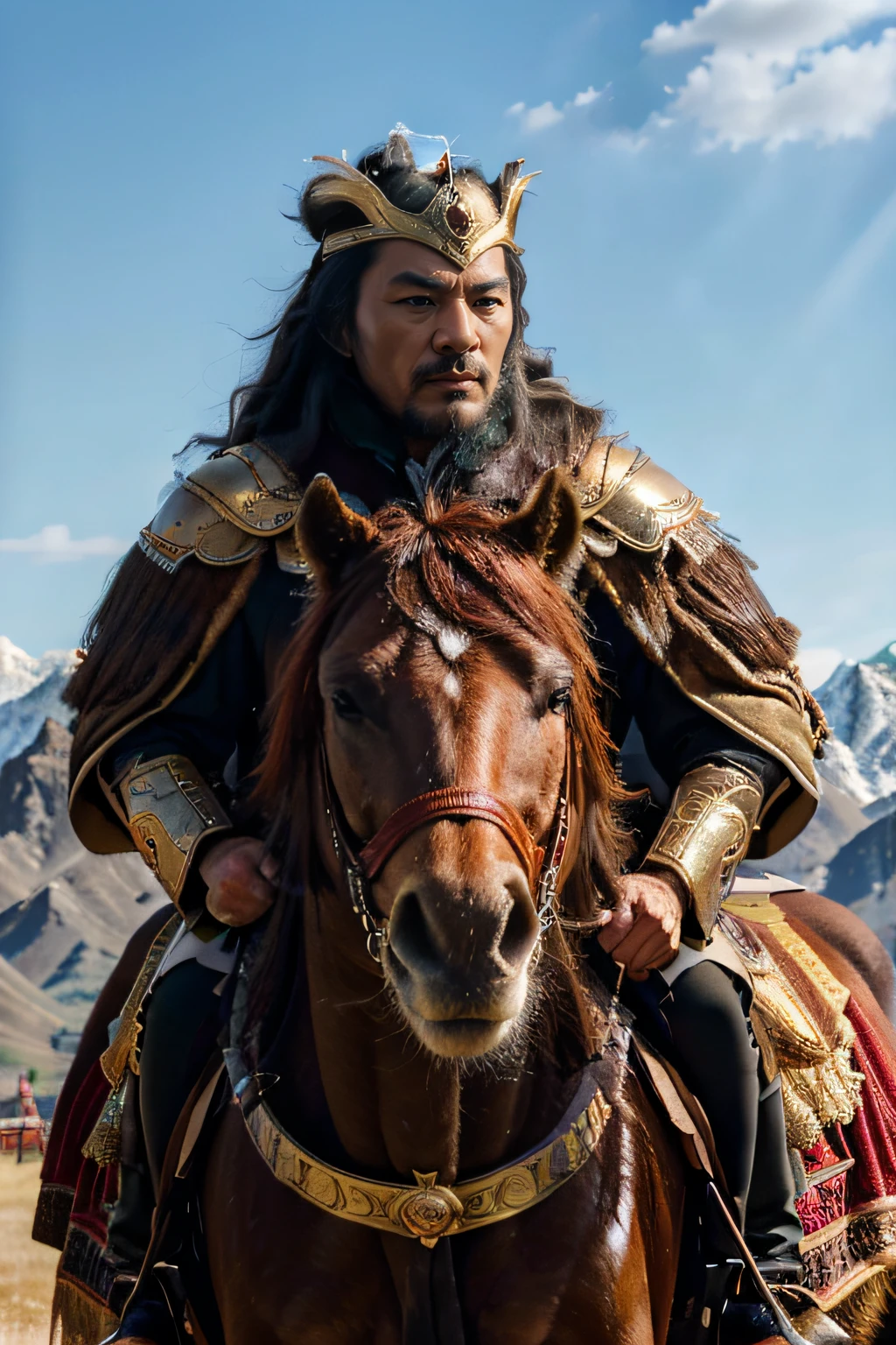 (best quality, highres, ultra-detailed, realistic:1.37), Mongolian leader, wearing fur, dressed in magnificent attire, leader, grassland, imposing appearance, determined expression, intense gaze, powerful aura, horseback riding, golden crown, bejeweled armor, flowing mane, vast landscape, majestic mountains, fierce winds, traditional Mongolian features, strong and chiseled facial structure, noble and confident demeanor, regal presence, vibrant colors, warm sunlight, dynamic lighting