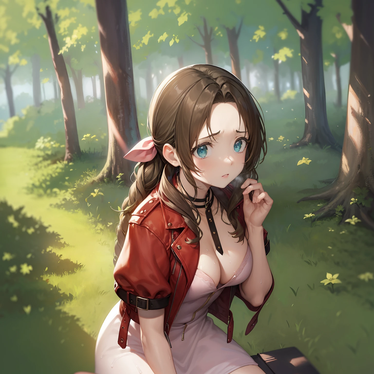 Aeris Gainsbourg+++, masuter piece, Best Quality, Cropped jacket, Bracelet, Pink dress, forest, Nature, plein air, I want to go to the toilet, Complain of bowel movements, NSFW-, Sweat++, embarrassed++, painful, tremble for