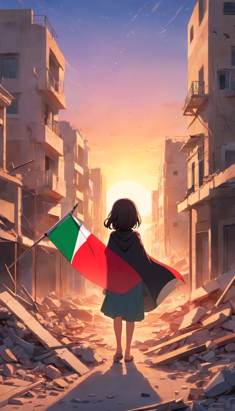 palestine flag, sunset, stars, Palestine earthquake, one little hijab girl from behind waving Palestine flag looking at rubble and destruction, somber, hope, Palestine flag, hijab, muslim