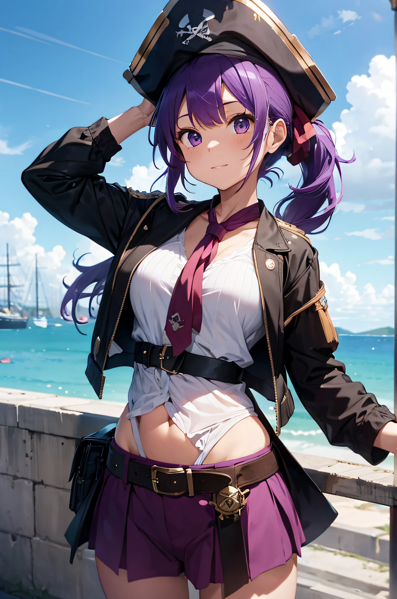 4k,hight resolution,Purple hair,poneyTail,Big,a pirate,Pirate Captain,Pirate clothes,Pirate Hat,Gutter Belt,harbour