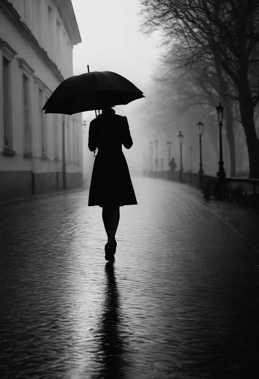 Frau im schwarzen Kleid mit Regenschirm iin der Hand, n einer nebligen Stadt, ein Bild von Kuno Veeber, Gewinner des Pixabay-Wettbewerbs, Konzeptkunst, Im Regen stehen, schwarze Silhouette, mysterious woman, pretty girl, das im Regen steht, Einzelperson mit Regenschirm, frau ((silhouette)), ((neblig)) und regnerisch, weibliches Bild im Schatten, in einer regnerischen Umgebung, Regenwetter, Rainy roads in the background , ((Nebel mit Lichtschein)) ((Ansicht von hinten)), Licht von vorn