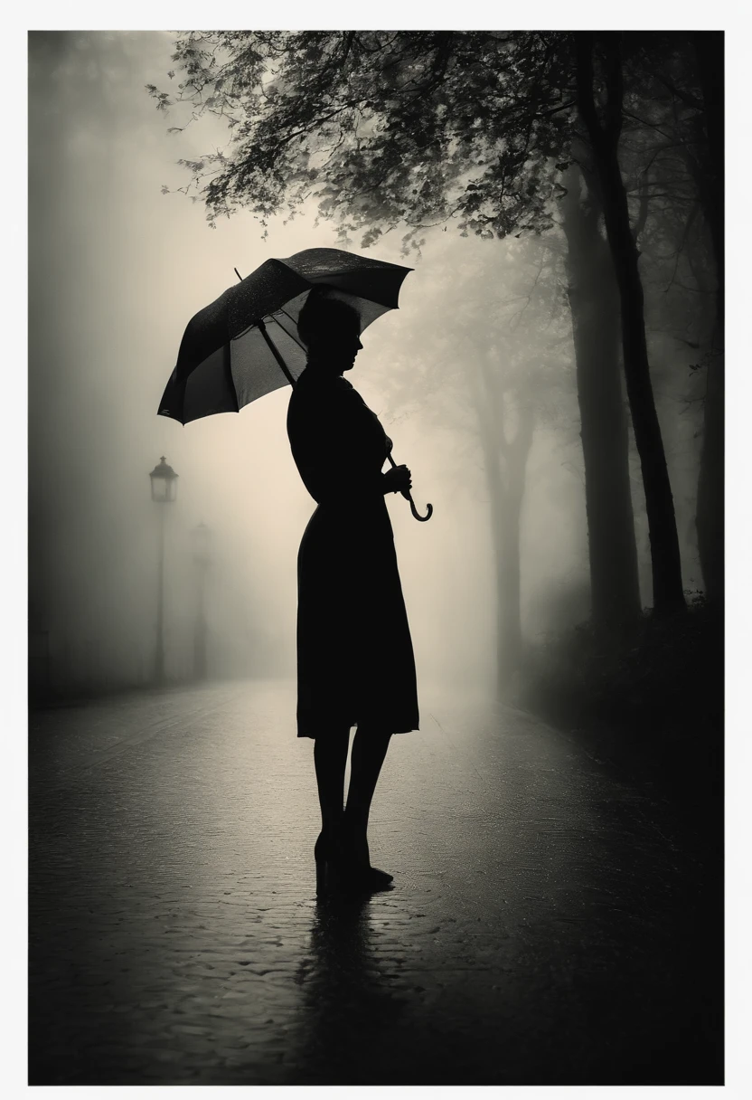 Frau im schwarzen Kleid mit Regenschirm iin der Hand, n einer nebligen Stadt, ein Bild von Kuno Veeber, Gewinner des Pixabay-Wettbewerbs, Konzeptkunst, Im Regen stehen, schwarze Silhouette, mysterious woman, pretty girl, das im Regen steht, Einzelperson mit Regenschirm, frau ((silhouette)), ((neblig)) und regnerisch, weibliches Bild im Schatten, in einer regnerischen Umgebung, Regenwetter, Rainy roads in the background , ((Nebel mit Lichtschein)) ((Ansicht von hinten)), Licht von vorn