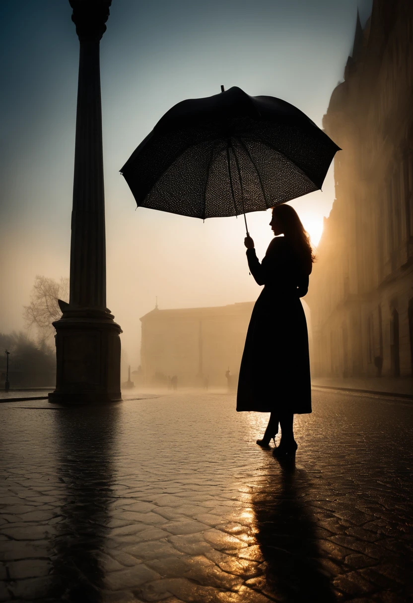 Frau im schwarzen Kleid mit Regenschirm iin der Hand, n einer nebligen Stadt, ein Bild von Kuno Veeber, Gewinner des Pixabay-Wettbewerbs, Konzeptkunst, Im Regen stehen, schwarze Silhouette, mysterious woman, pretty girl, das im Regen steht, Einzelperson mit Regenschirm, frau ((silhouette)), ((neblig)) und regnerisch, weibliches Bild im Schatten, in einer regnerischen Umgebung, Regenwetter, Rainy roads in the background , ((Nebel mit Lichtschein)) ((Ansicht von hinten)), Licht von vorn