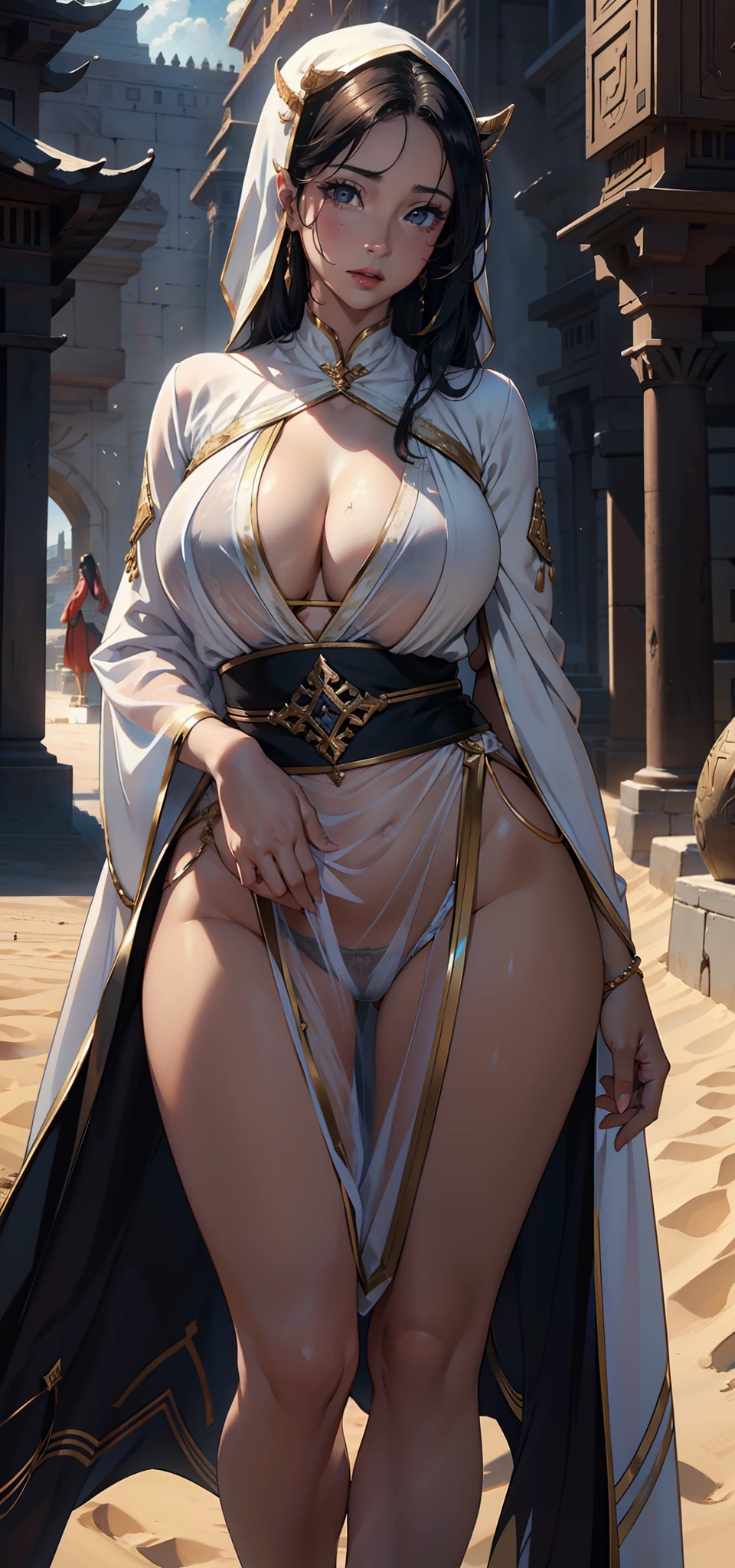 1female，35yo，plumw，extremely large bosom， 独奏，（Background with：，A desert，sand dune，pyramid，the sphinx） She has long black hair，bobo head，mounted on a horse，，seen from the front， hair straight， mostly cloudy sky，（（（tmasterpiece），（Very detailed CG unity 8K wallpaper），best qualtiy，cinmatic lighting，detailed back ground，beatiful detailed eyes，Bright pupils，Black eyes，Snow-whiteskin，Redlip（Very fine and beautiful），（Beautiful and detailed eye description），ultra - detailed，tmasterpiece，））facing at camera，A high resolution，ultra - detailed），revealing breasts，Bare genitalia，  Bulge，legs are open，Raised sexy，Camel toes，Flushed complexion，Desire for dissatisfaction，frontage，Arabic style（Wearing：hijabi sluty，White transparent robe，Cloak）