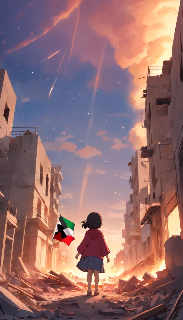 palestine flag, dramatic sunset and cloudy, stars, Palestine earthquake, one little girl using hijab from behind hold a waving Palestine flag looking at rubble and destruction, somber, hope, Palestine flag, hijab, muslim