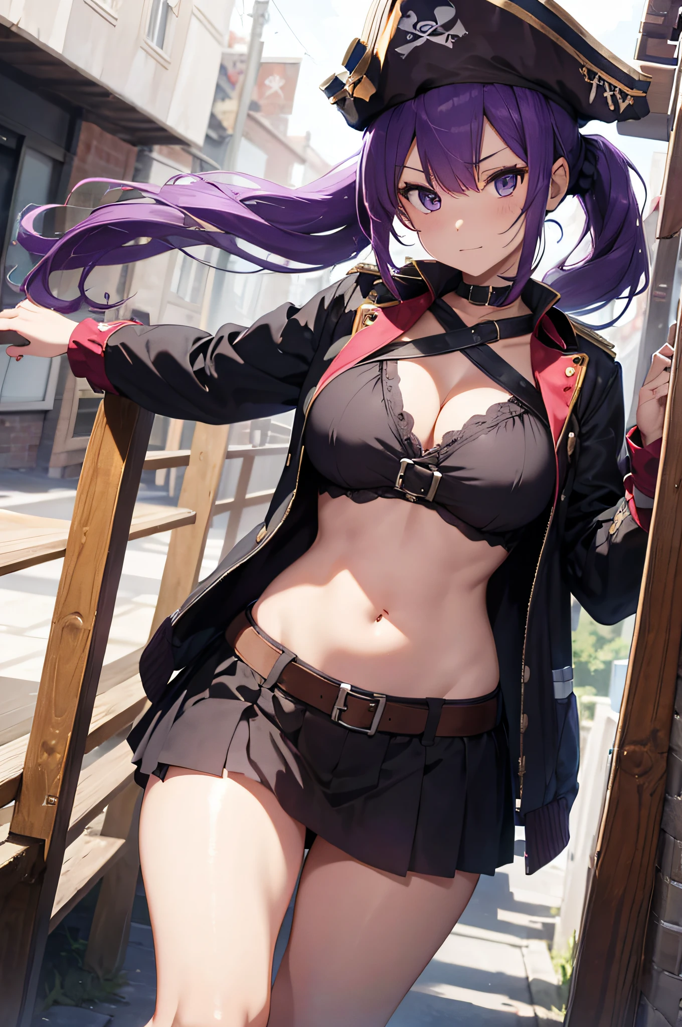 4k,hight resolution,Purple hair,poneyTail,large full breasts,a pirate,Pirate Captain,Pirate Dresses,Pirate Hat,Navel Ejection,harbour