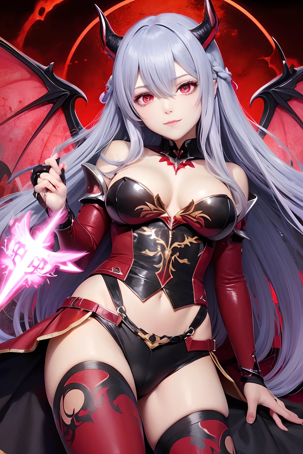 Evil anime Valkyrie with spear and wings in a blood-red Valkyrie armor, die in der Luft fliegt, bats, Blutrote Augen, Blutmond im Hintergrund, Mika Kurai Demon, shalltear Bloodfallen, fuchsia skin beneath the armor, Offizielle Charaktergrafik, Valkyries Knight Girl, Giesha Demon, fuchsia skin beneath the armor, demon anime girl, Sukkubus